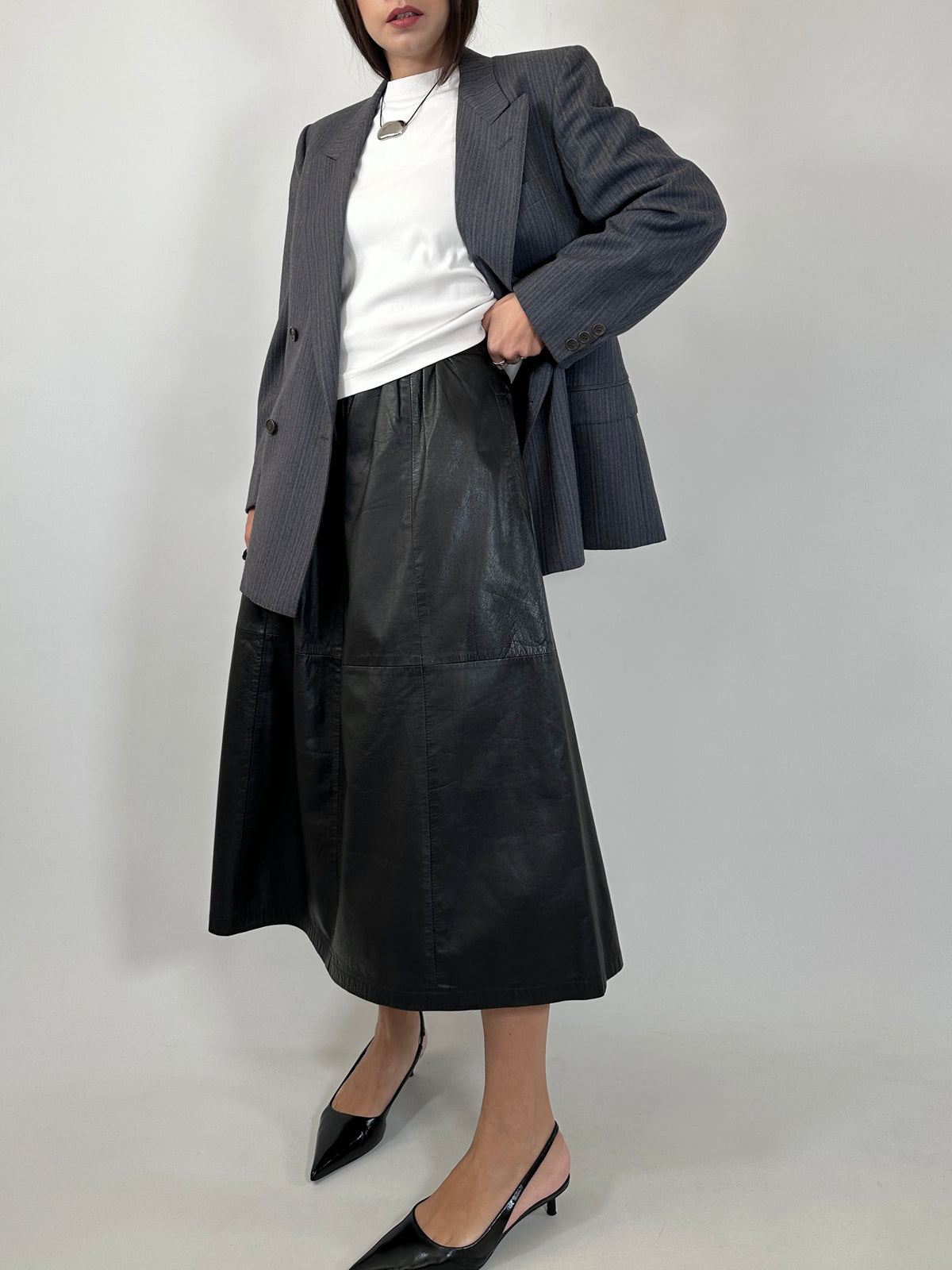 Vintage Black Leather Midi Skirt