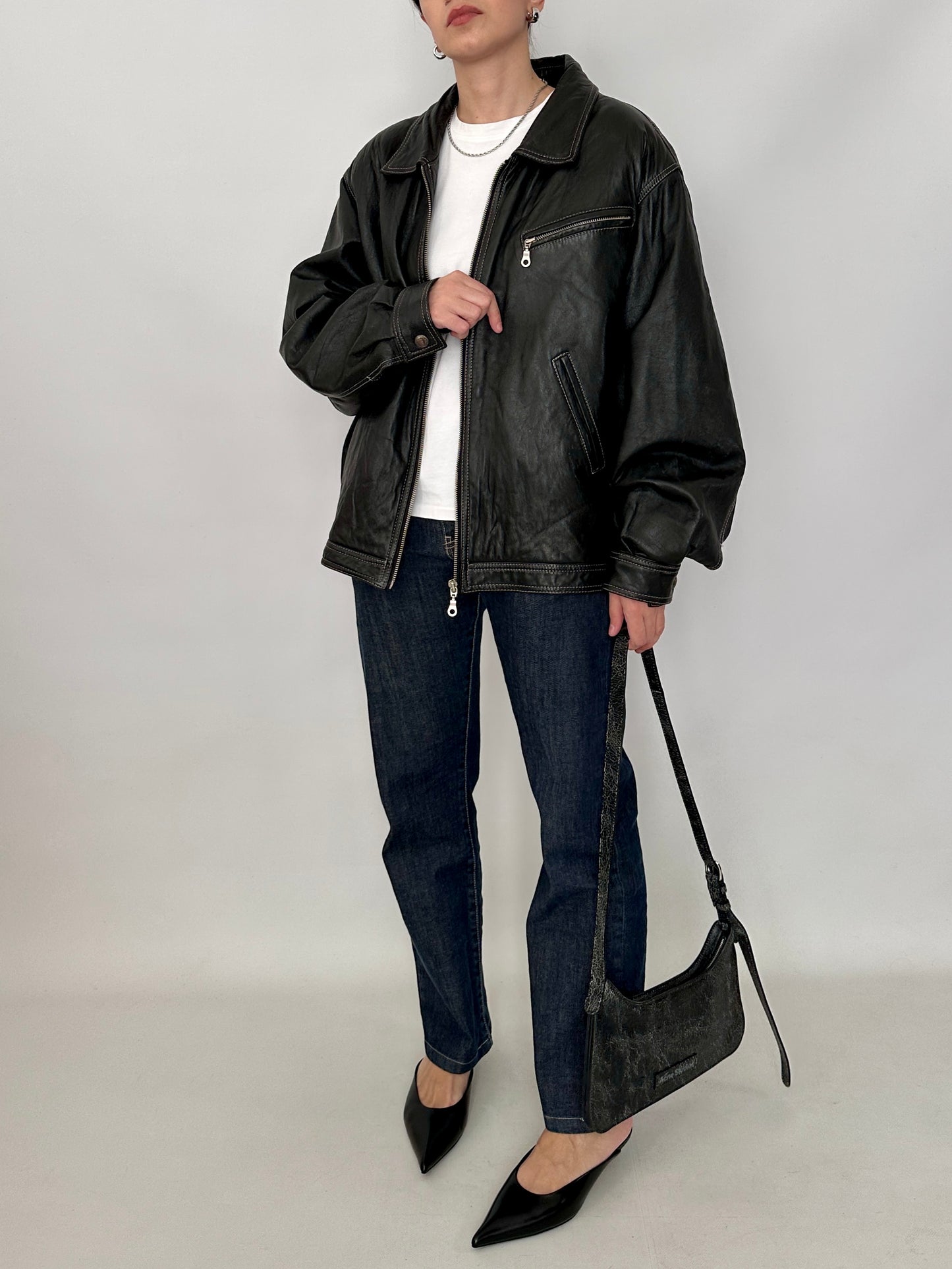 Genuine leather harrington jacket with contrast stitching