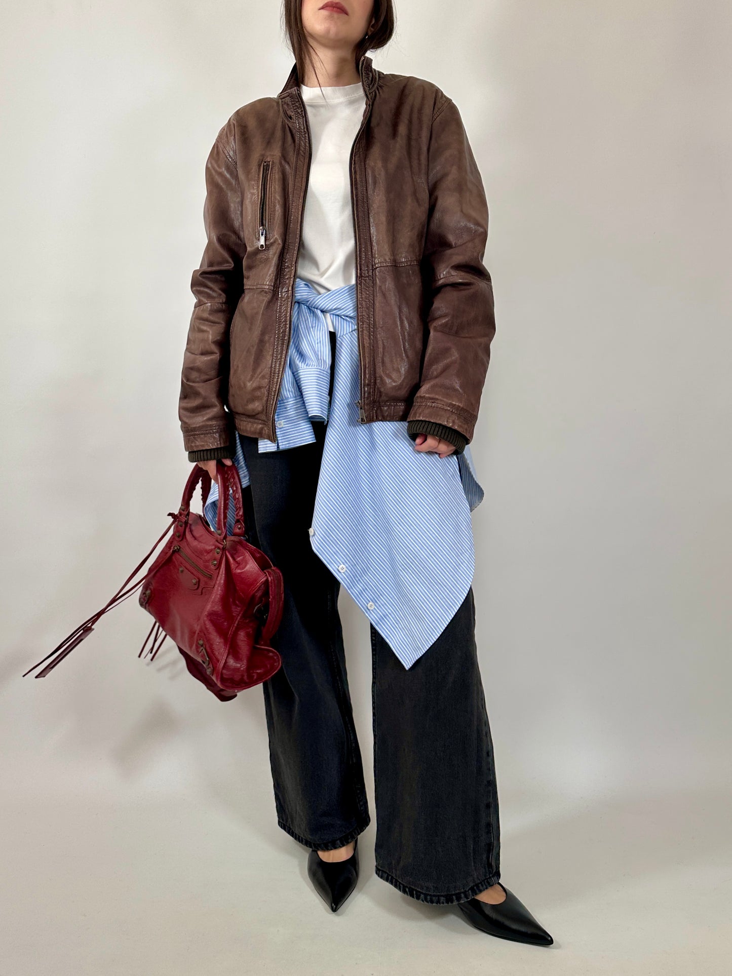 Vintage Brown Leather Zip Jacket