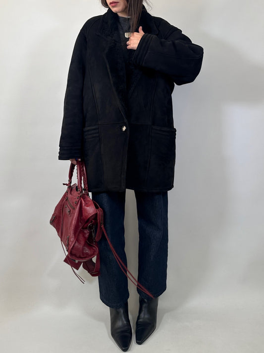 Black Suede Shearling Coat