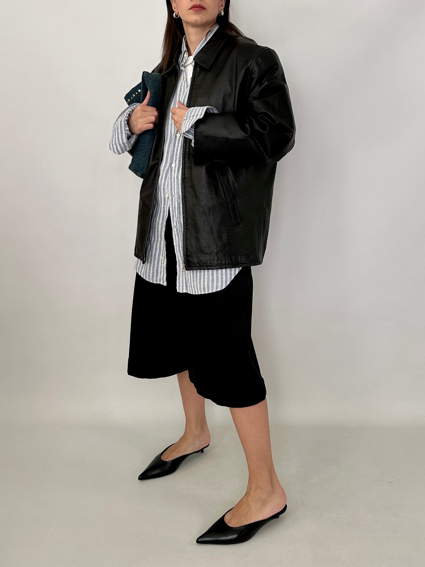 Relaxed fit leather zipped jacket