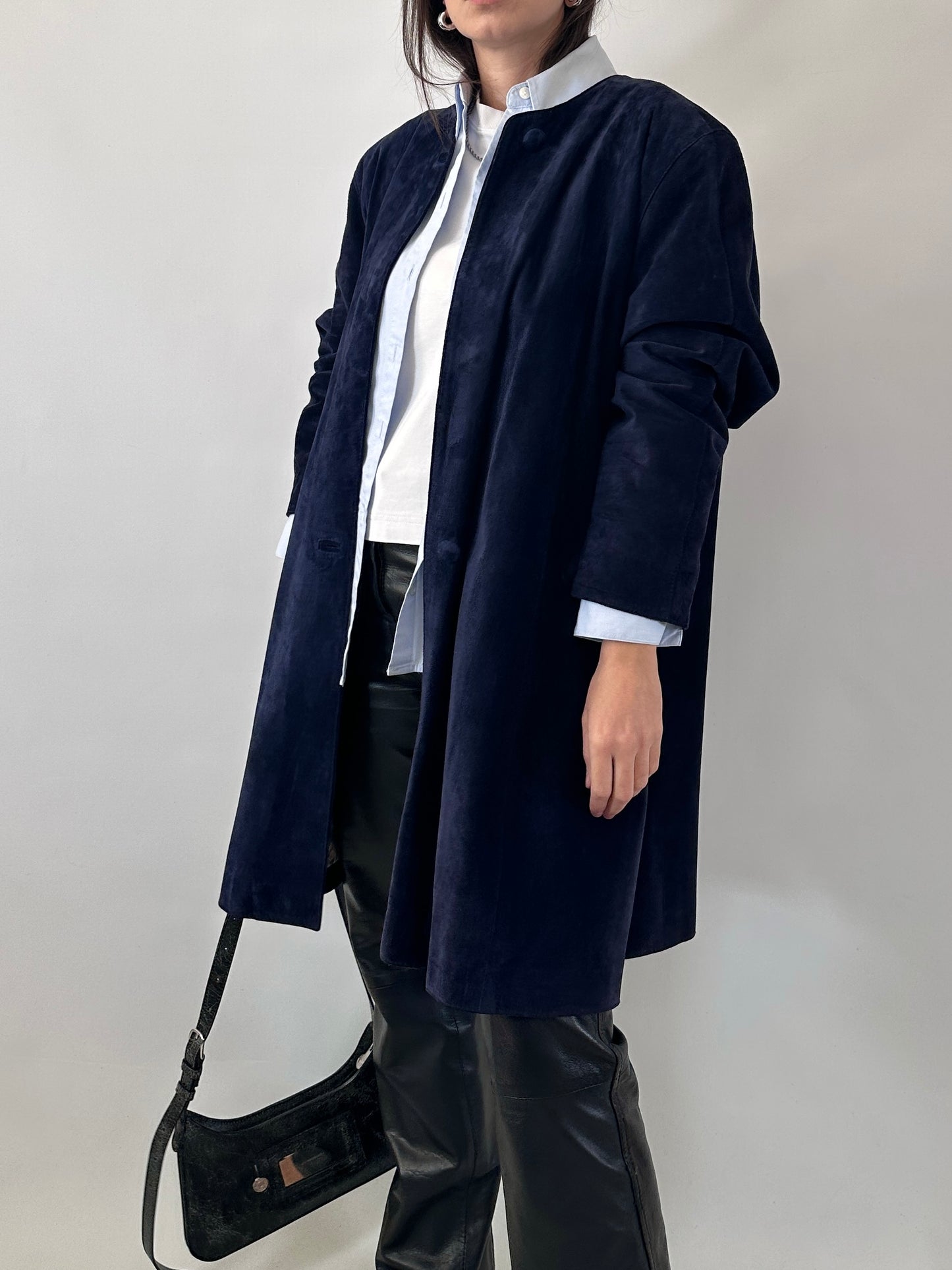 Vintage suede coat with back button detail