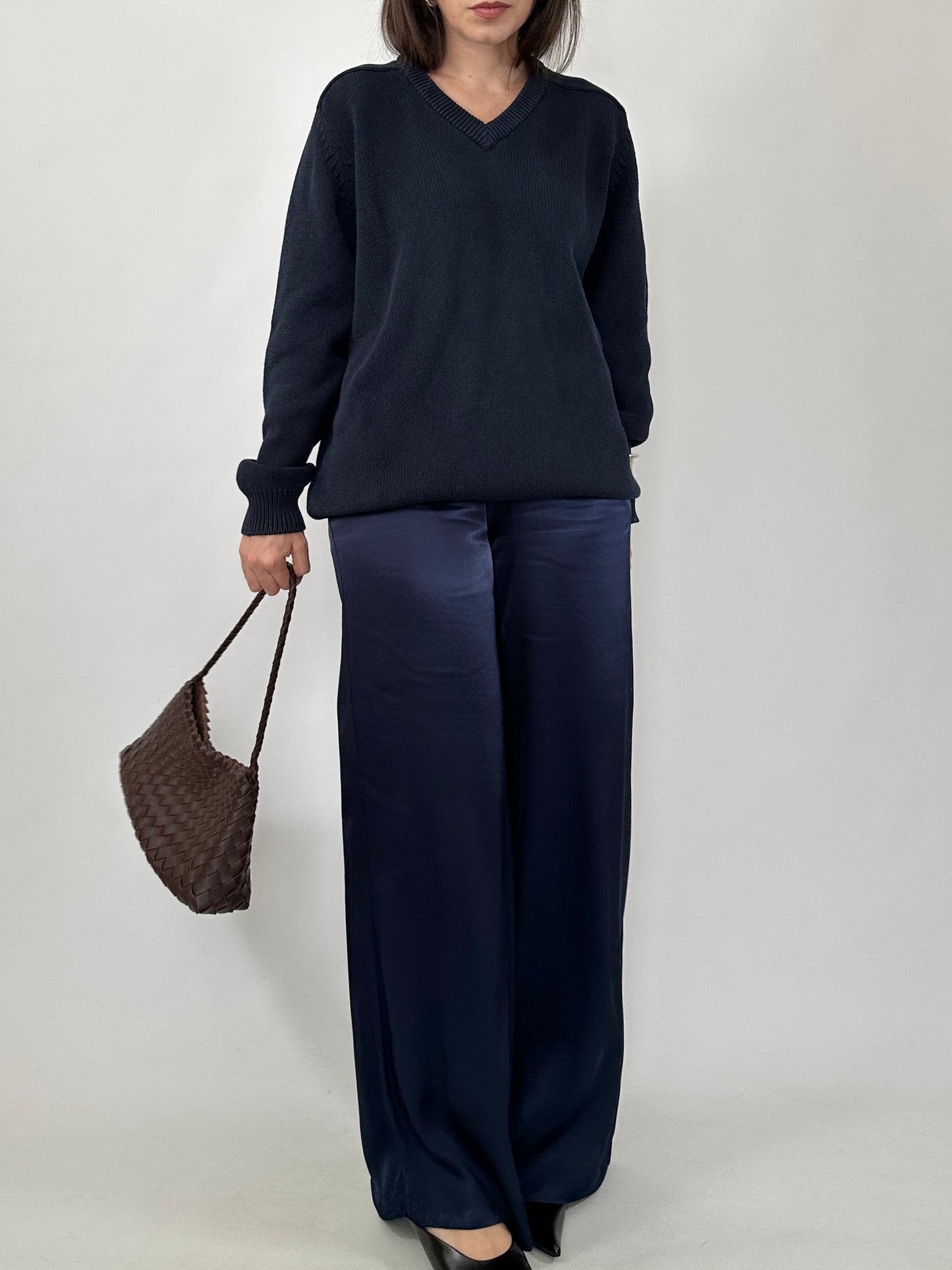 Navy Cotton V-Neck Sweater
