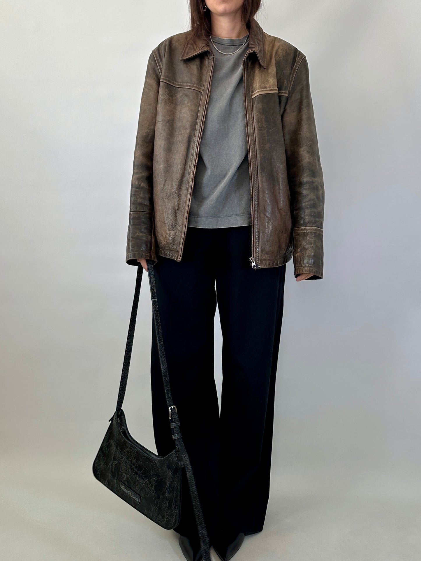 Distressed effect real leather jacket