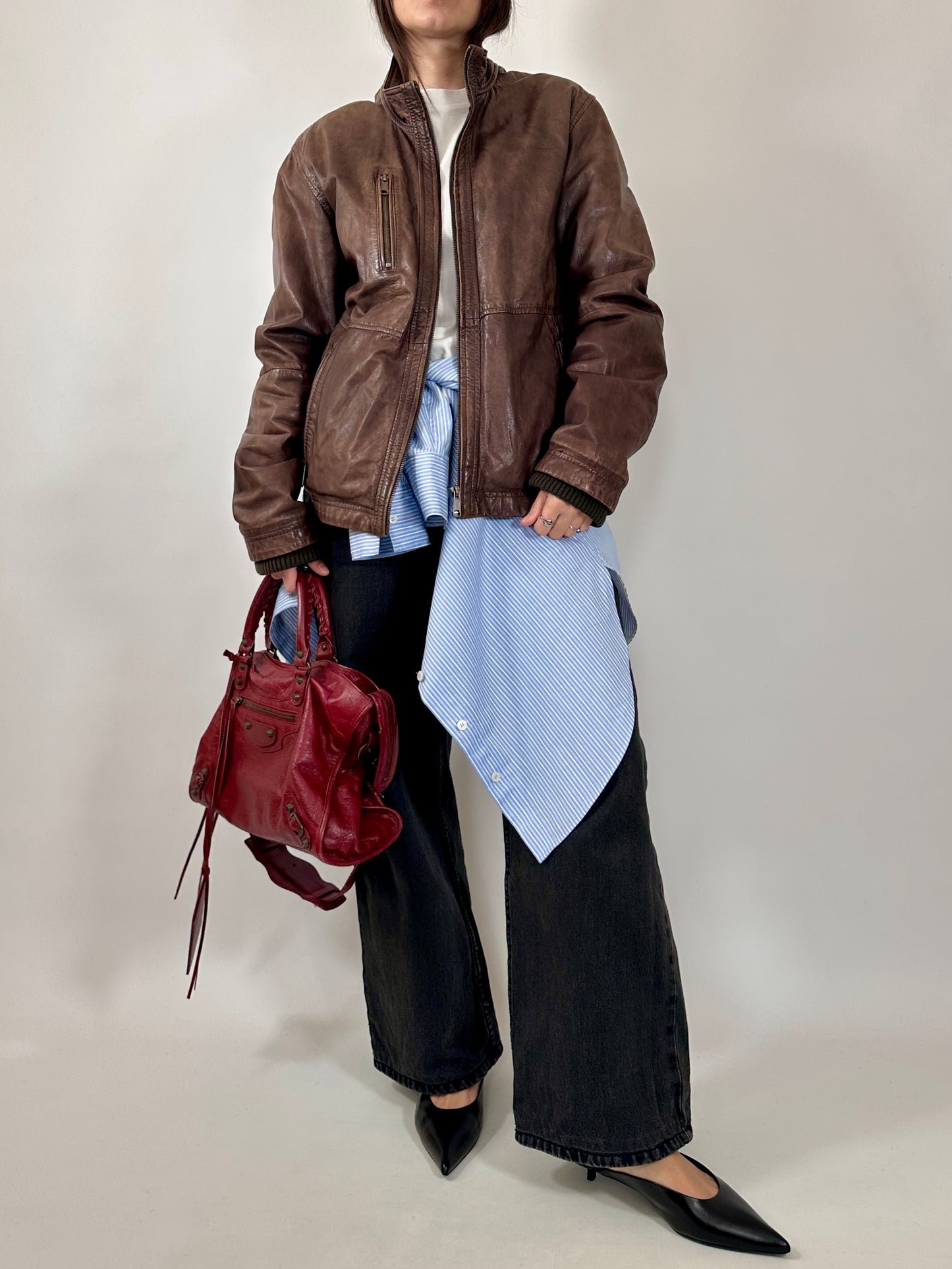 Vintage Brown Leather Zip Jacket