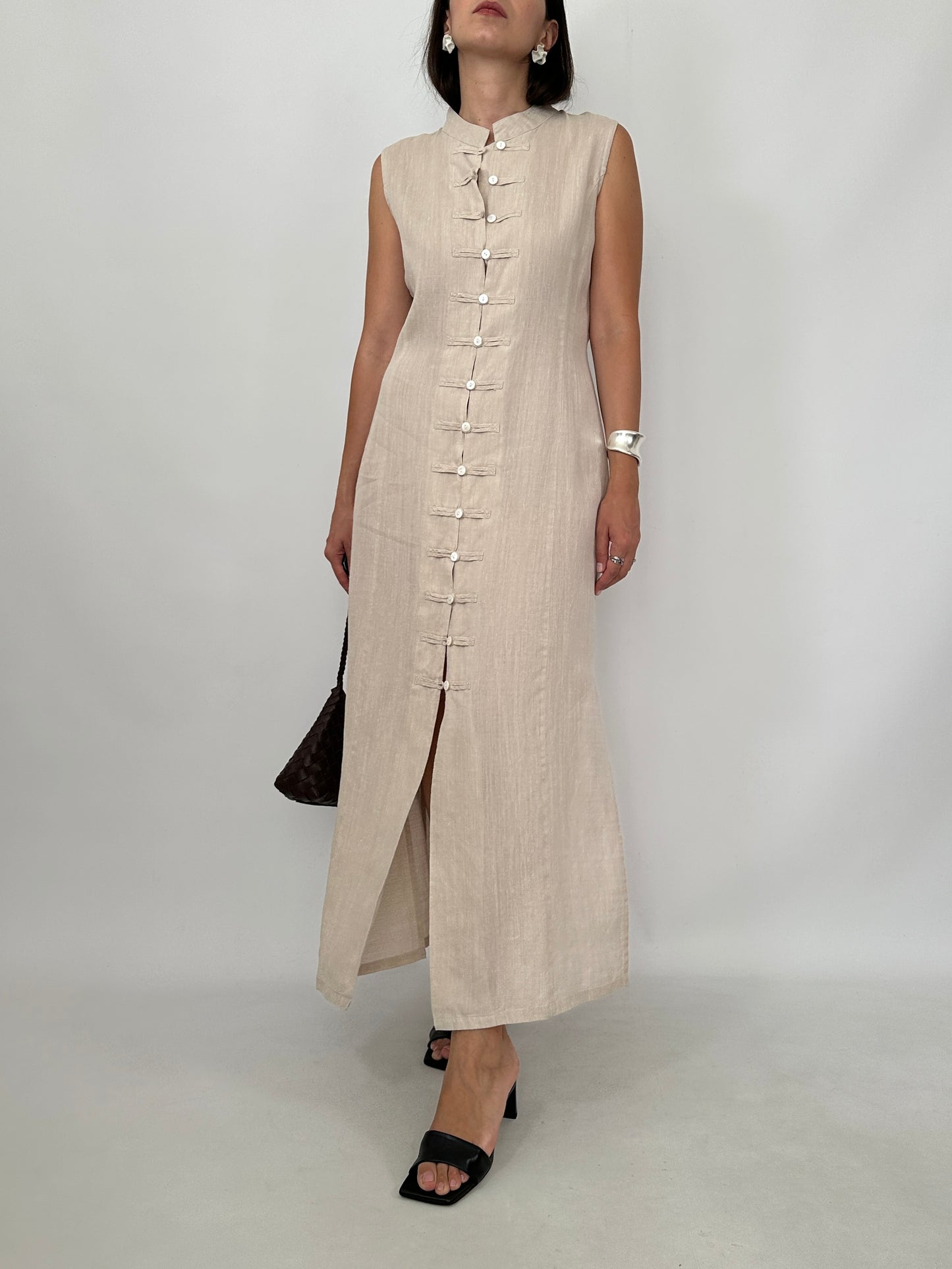 Pure Linen Mandarin Midi Dress