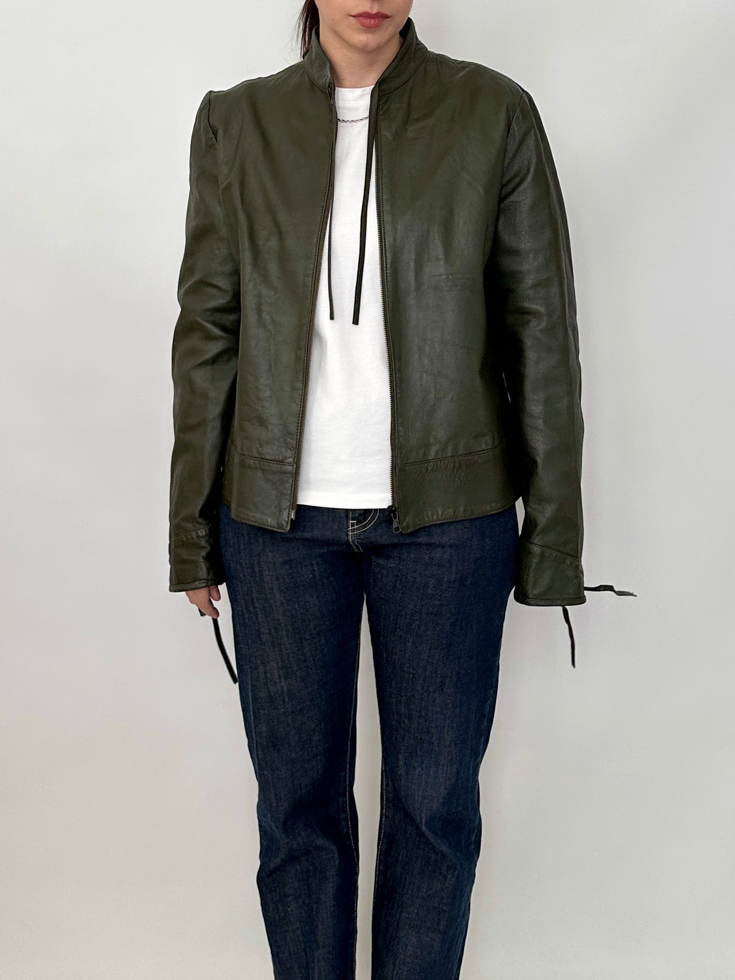 Bow detail vintage green leather jacket