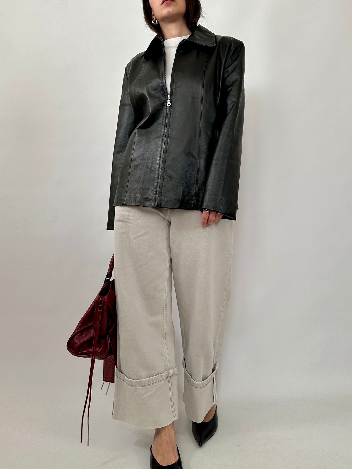 Minimal Black Leather Zip Jacket