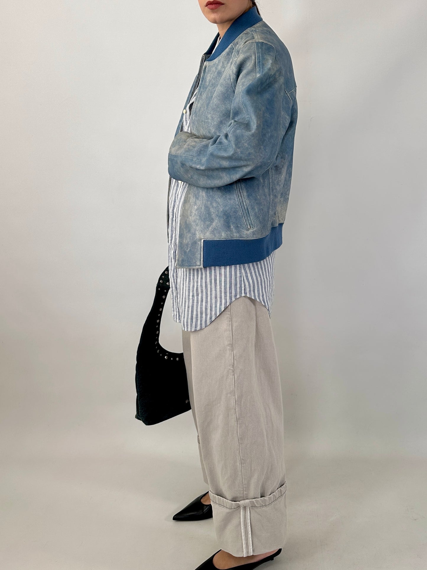 Hugo Boss bomber in distressed sky blue lamb leather