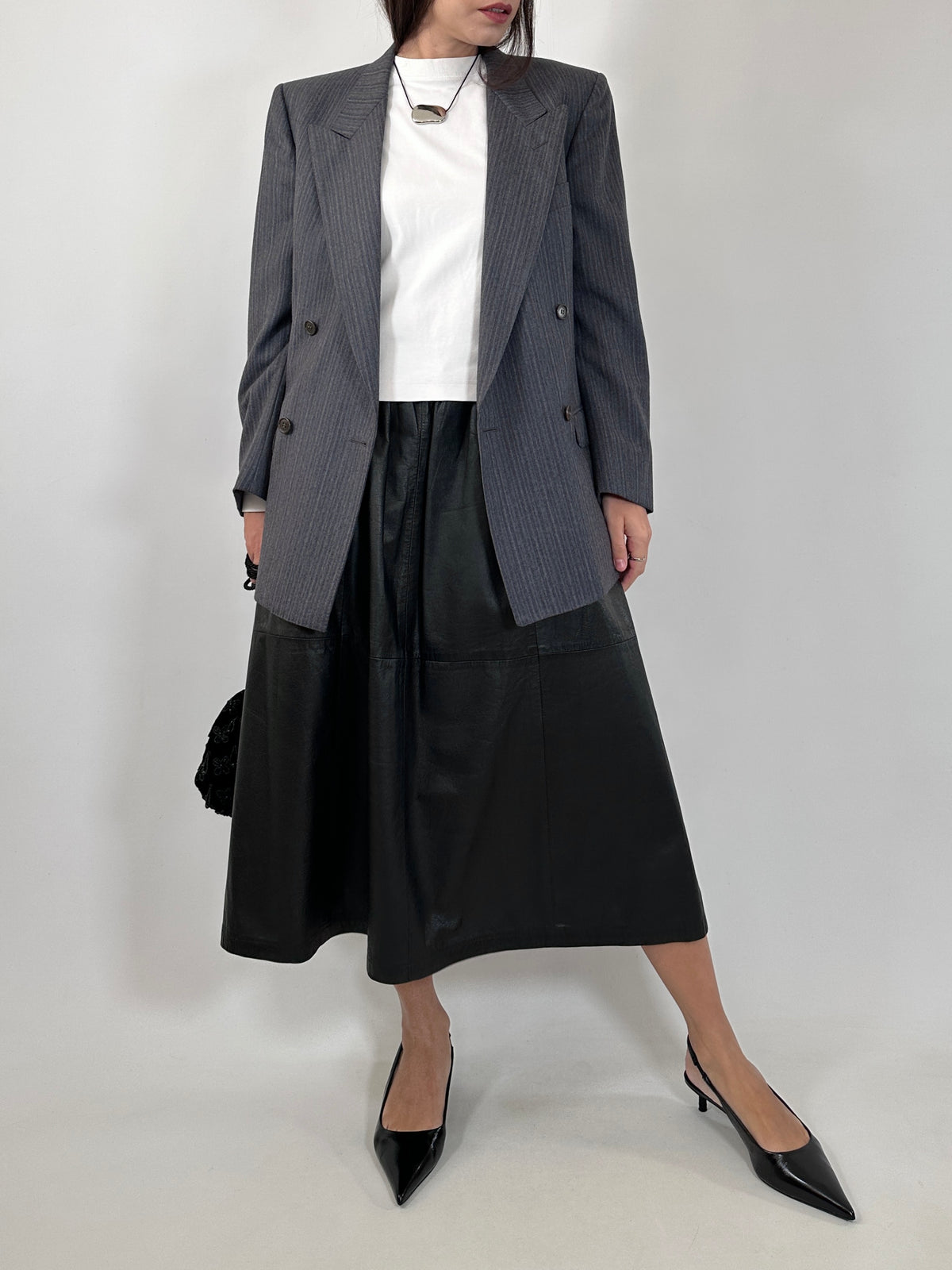 Vintage Black Leather Midi Skirt