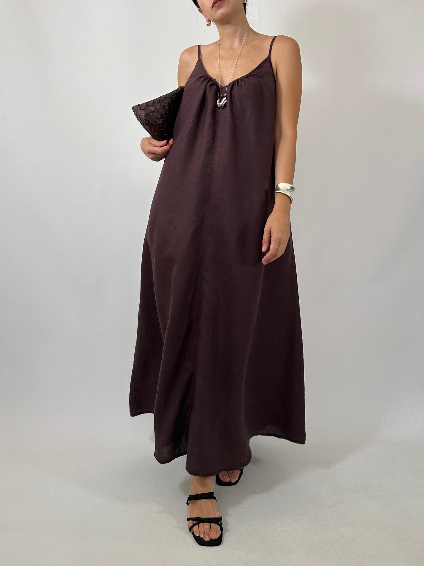 Chocolate Brown 100% Linen Maxi Dress