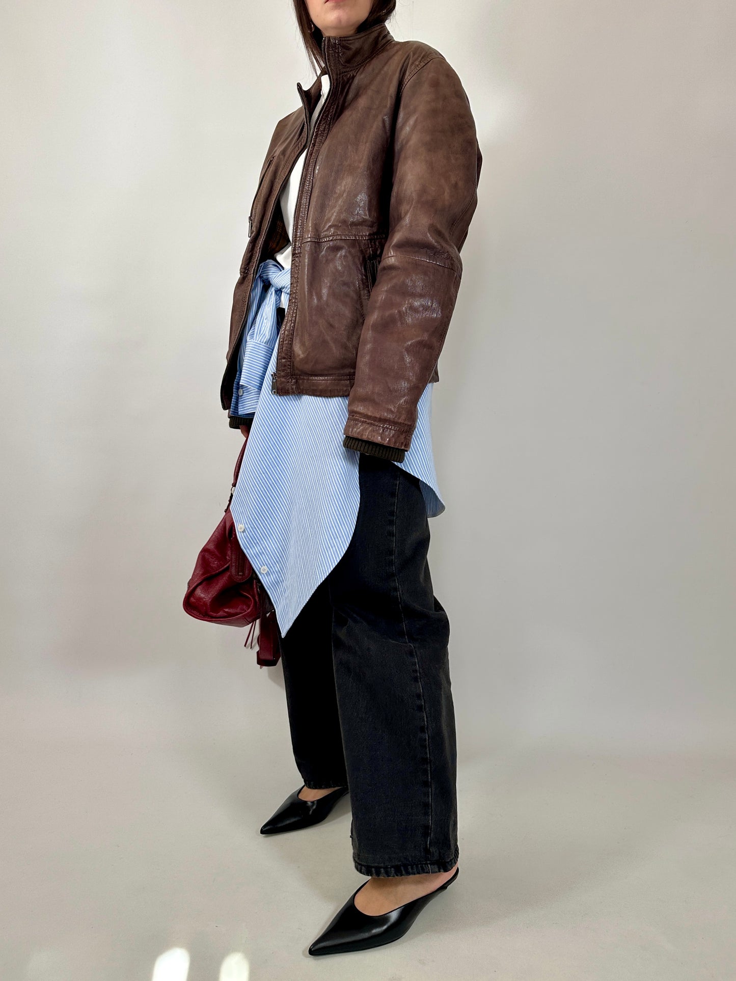 Vintage Brown Leather Zip Jacket