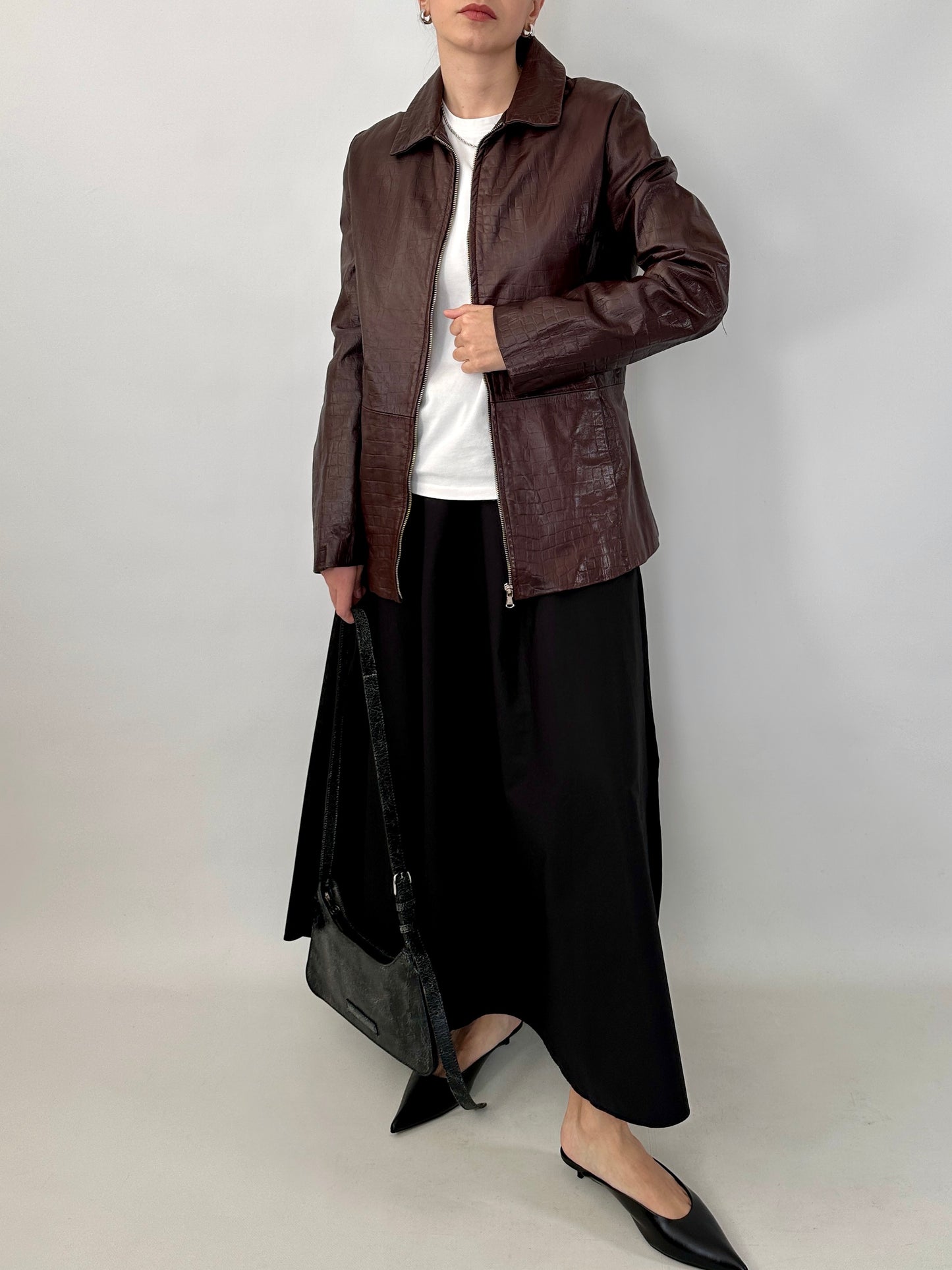 Brown croc-print genuine leather jacket