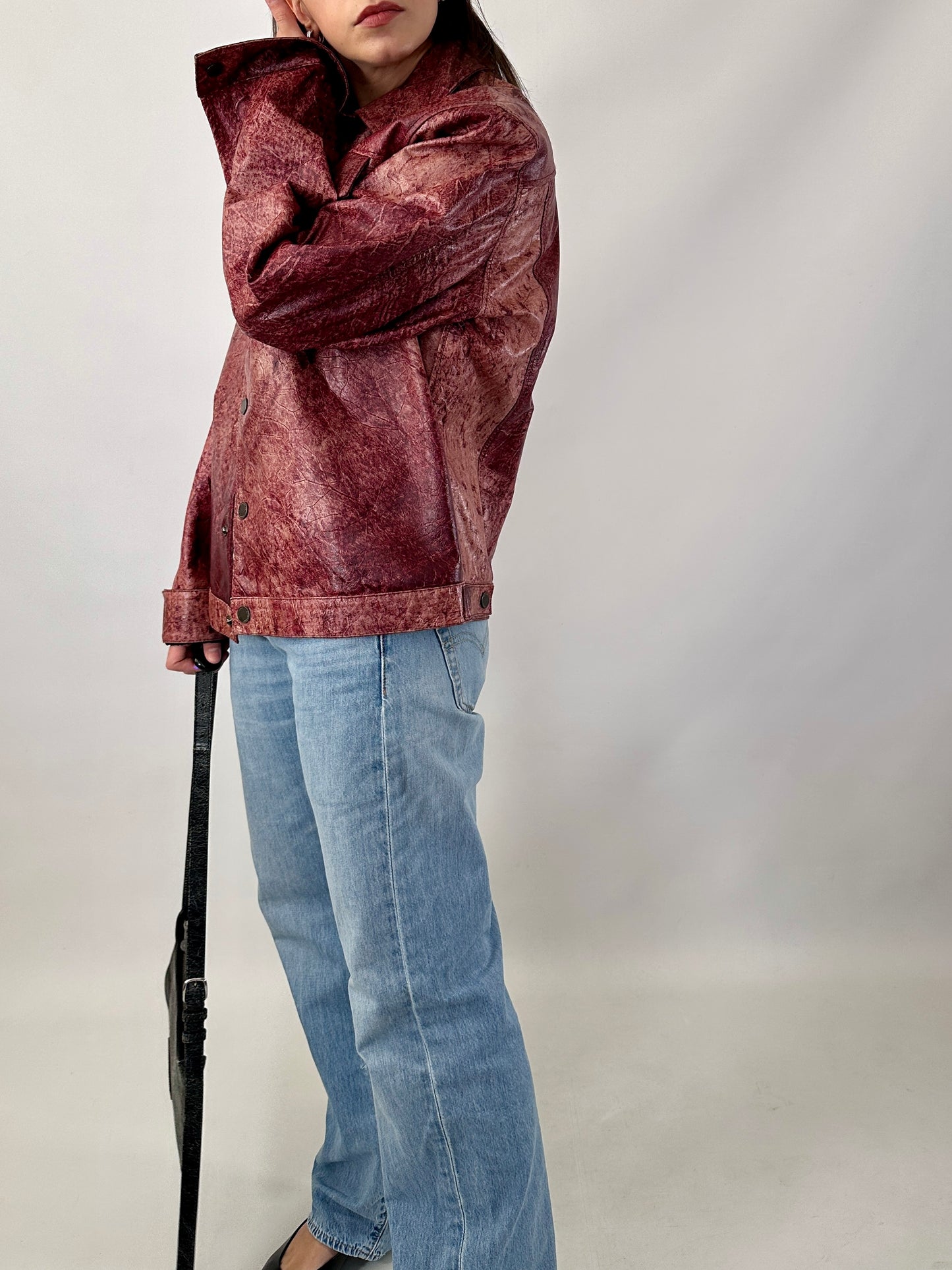 Red marble leather trucker jacket