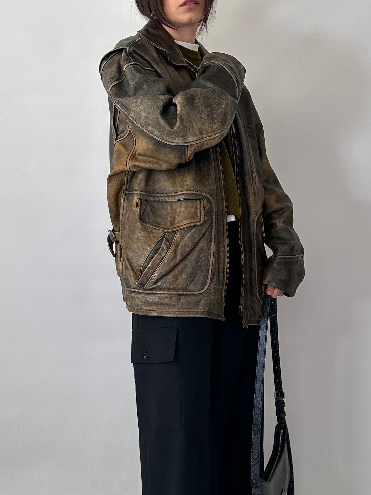 Oversized aviator jacket in distressed real leather