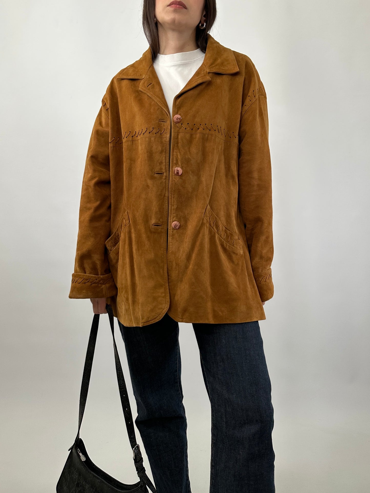 Vintage Suede Jacket with Cross-Stitch Details