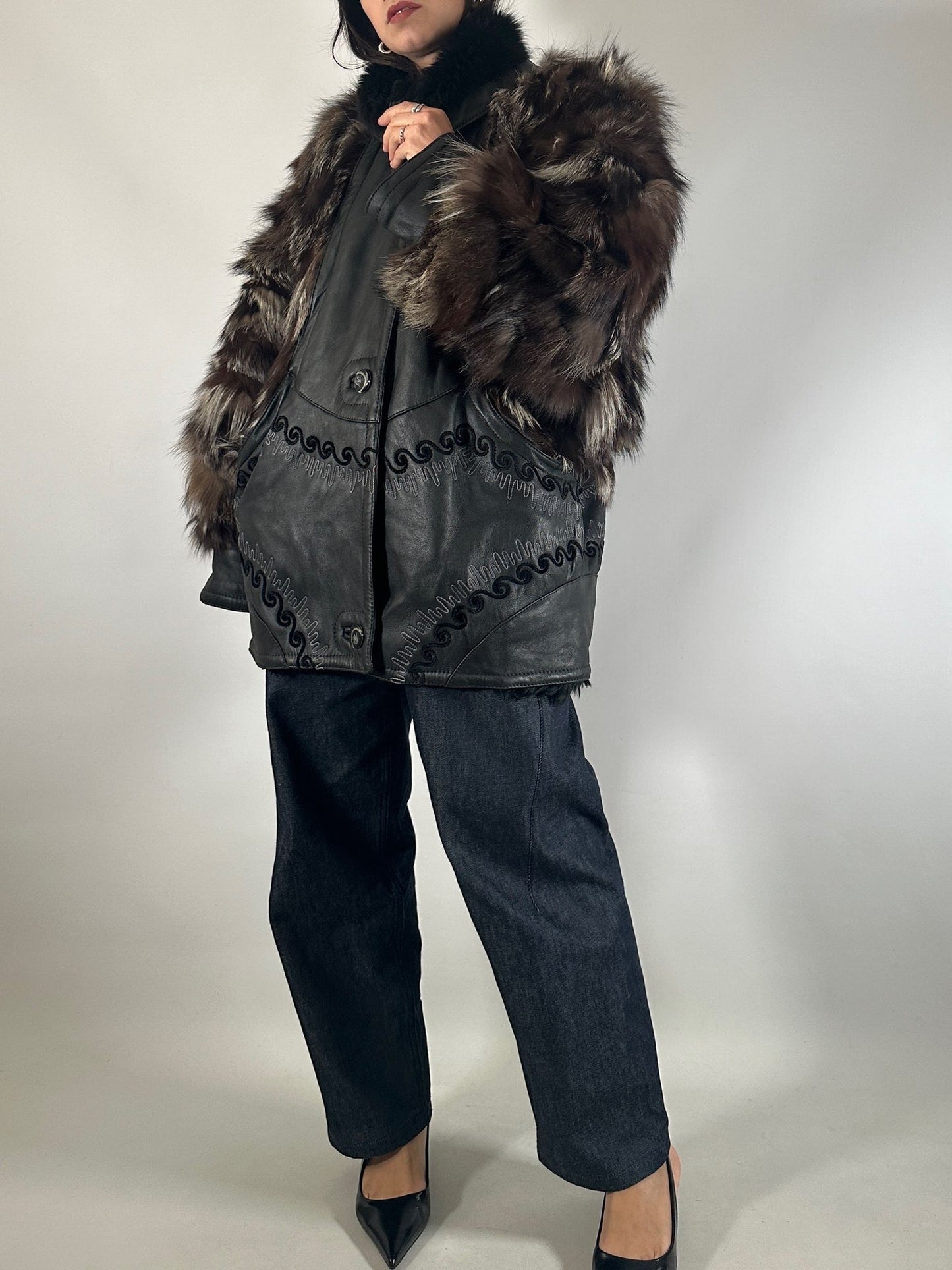 Embroidered Shearling Jacket with Fur Sleeves