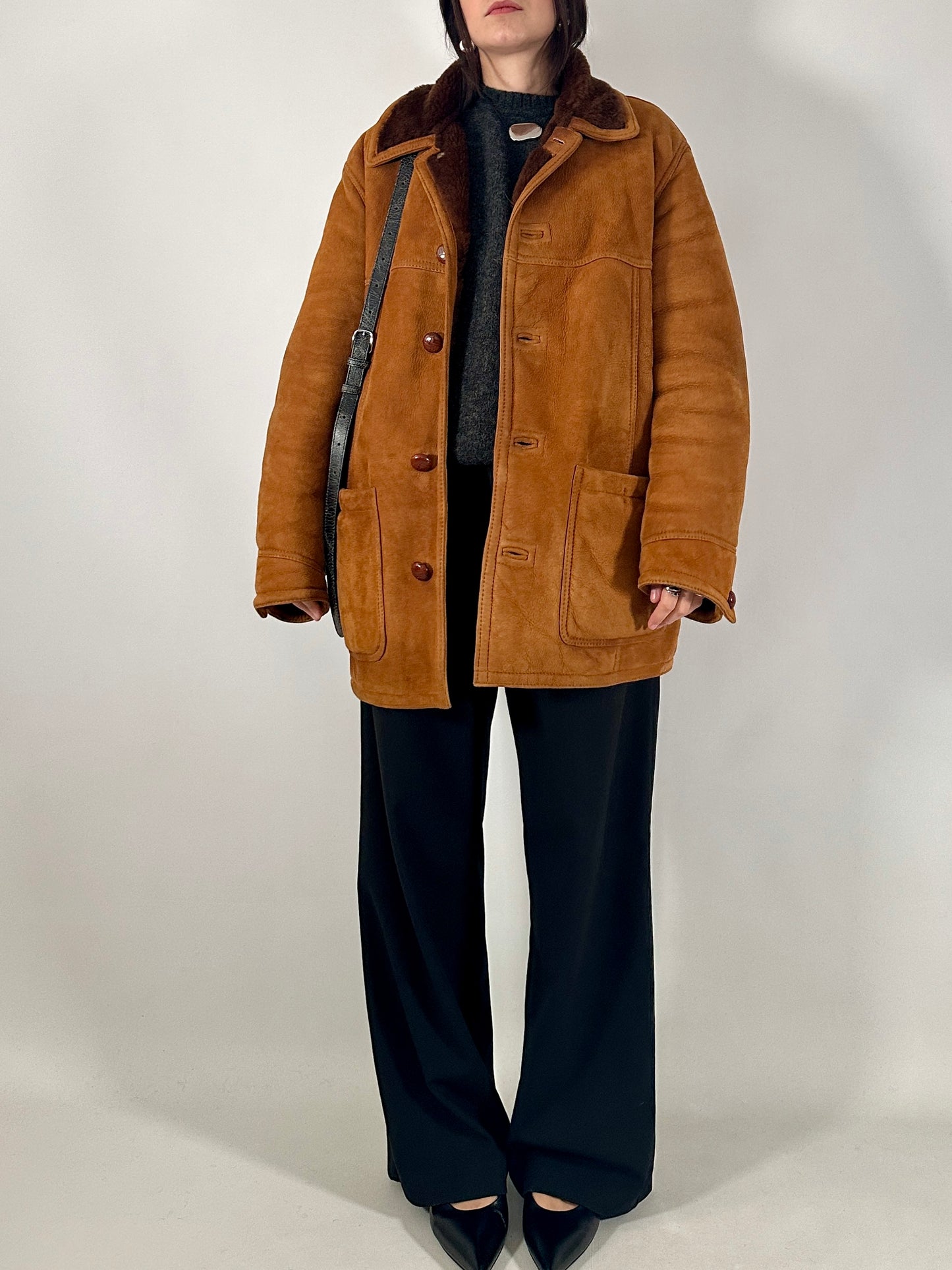 Vintage shearling coat in soft suede leather