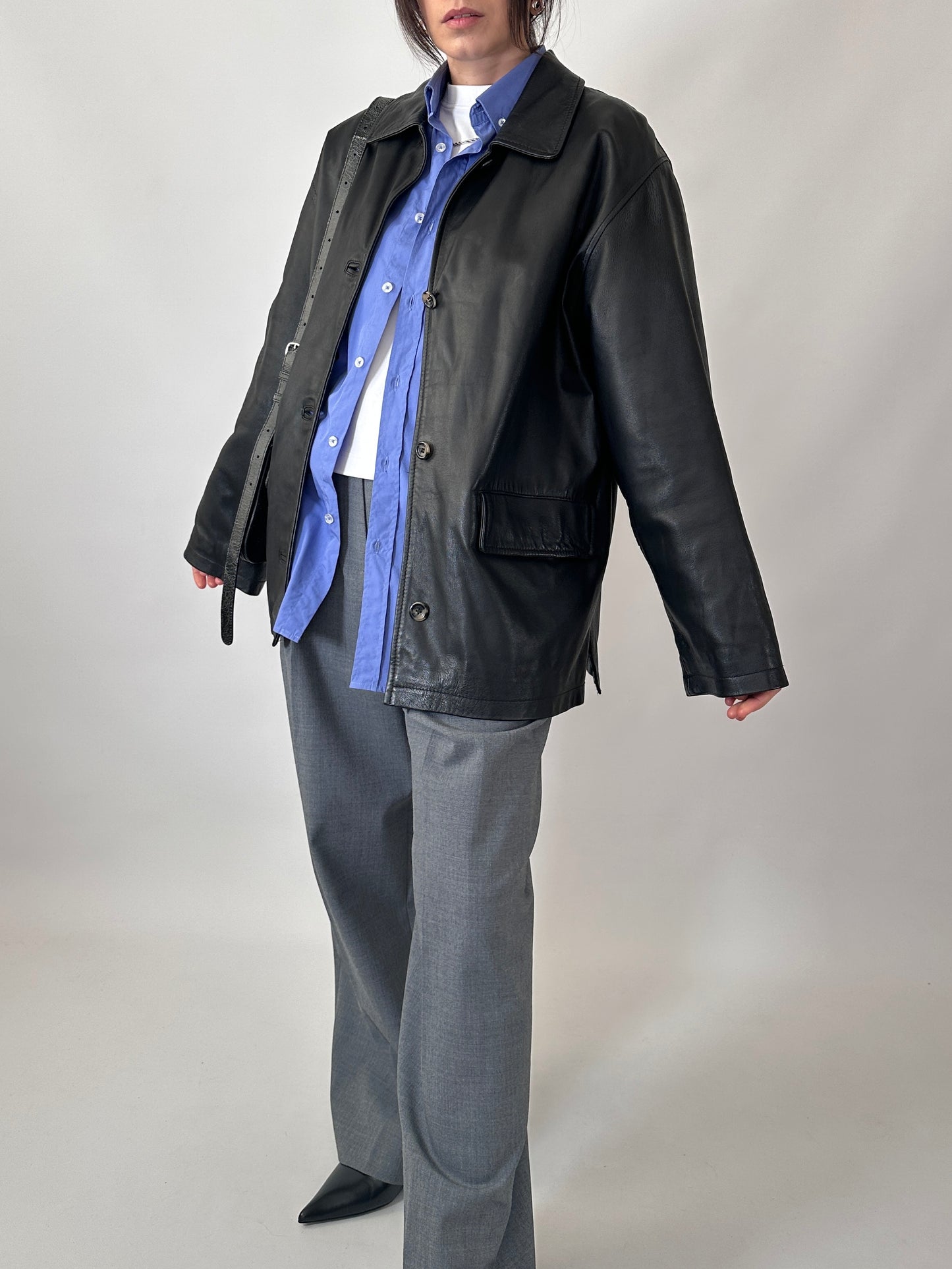 Boxy fit genuine leather jacket