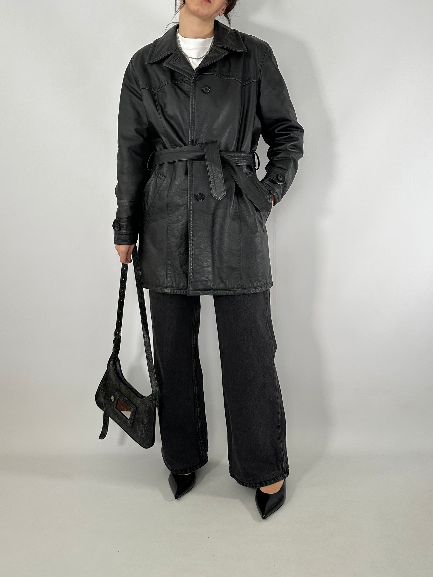 Short leather trench coat