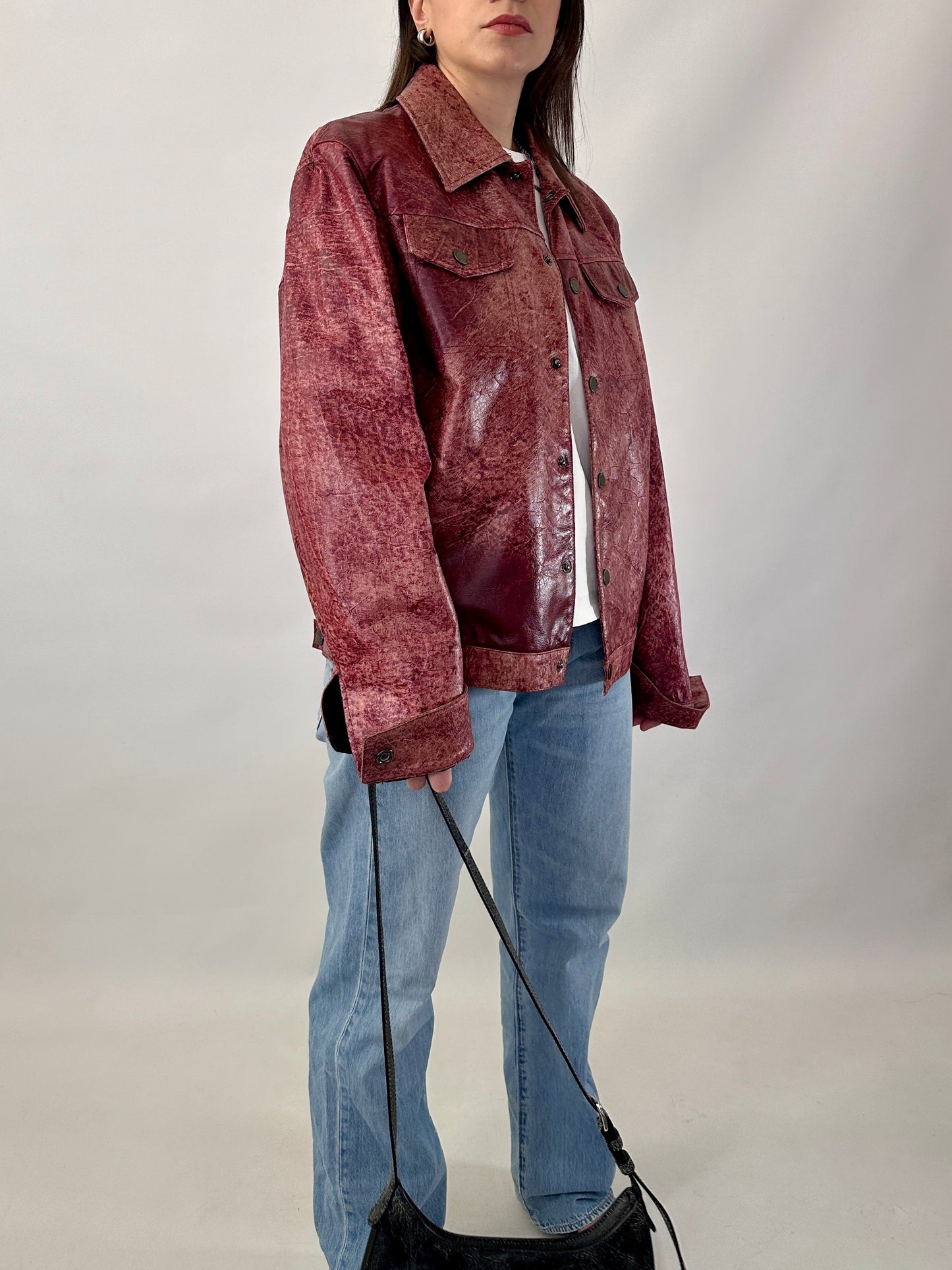 Red marble leather trucker jacket