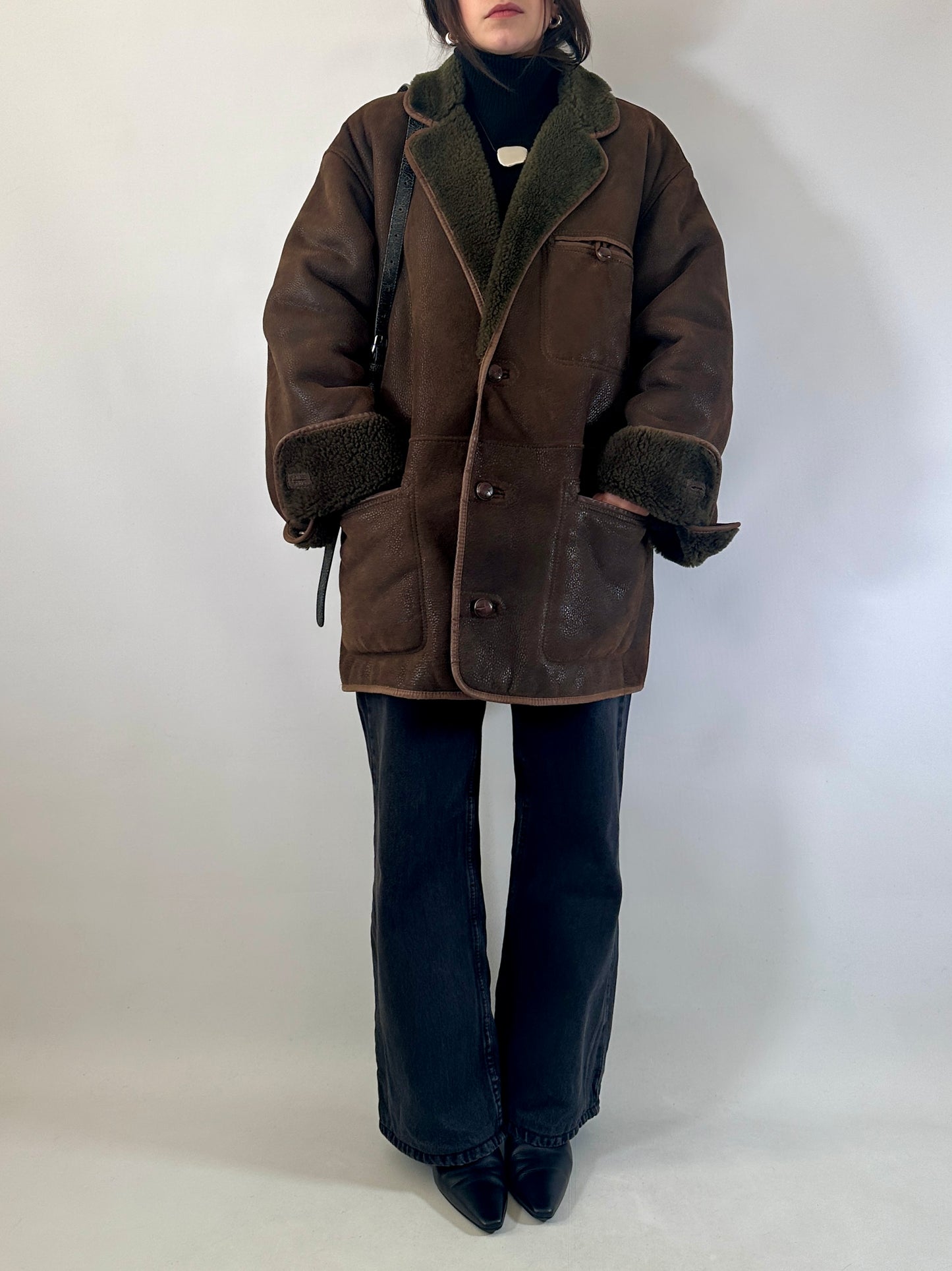 Original vintage wild shearling in brown & green