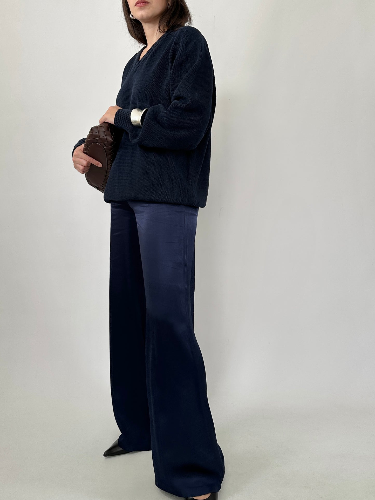 Navy Cotton V-Neck Sweater
