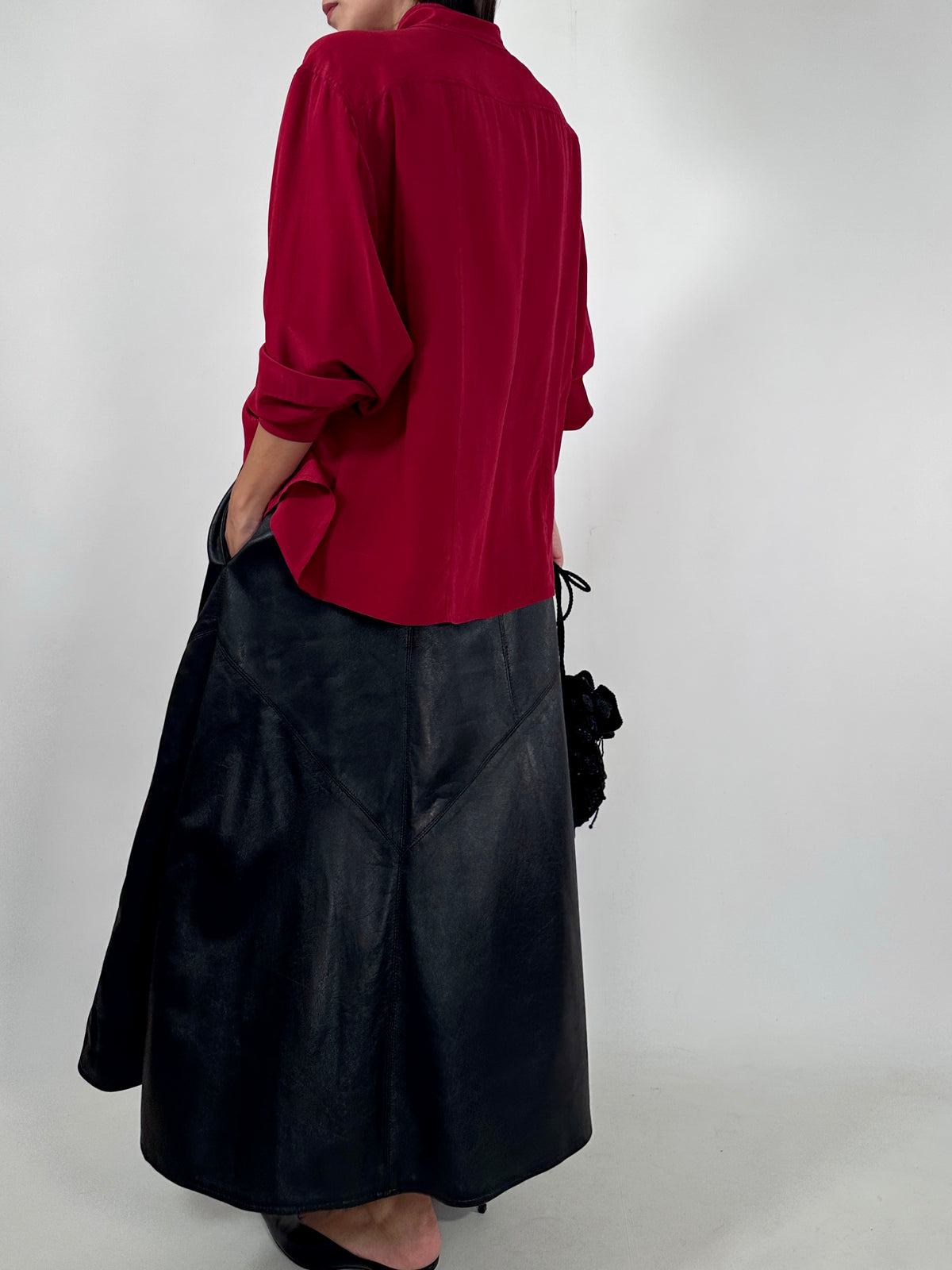 Red Silk Mandarin Collar Shirt