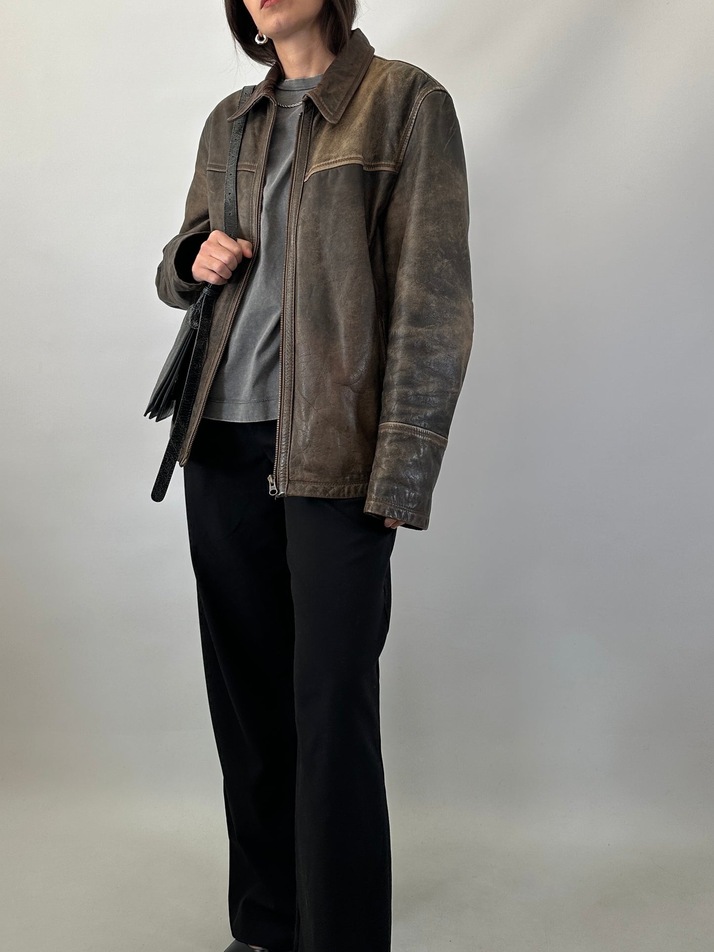 Distressed effect real leather jacket