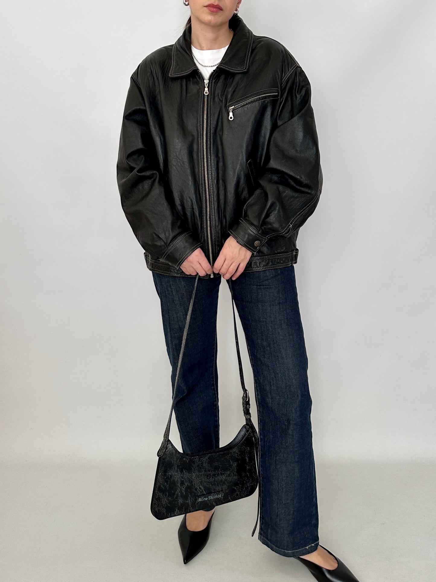 Genuine leather harrington jacket with contrast stitching