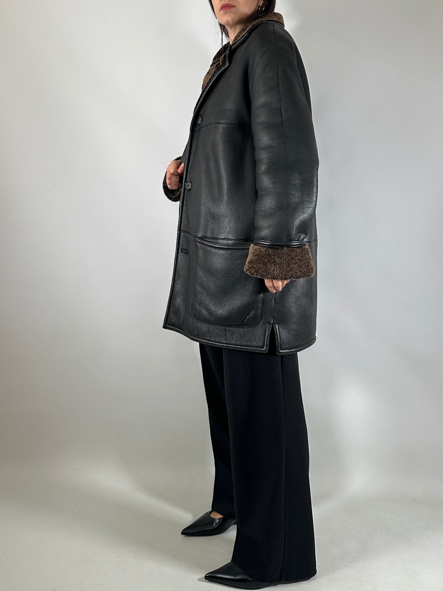 Authentic vintage shearling coat in black and brown