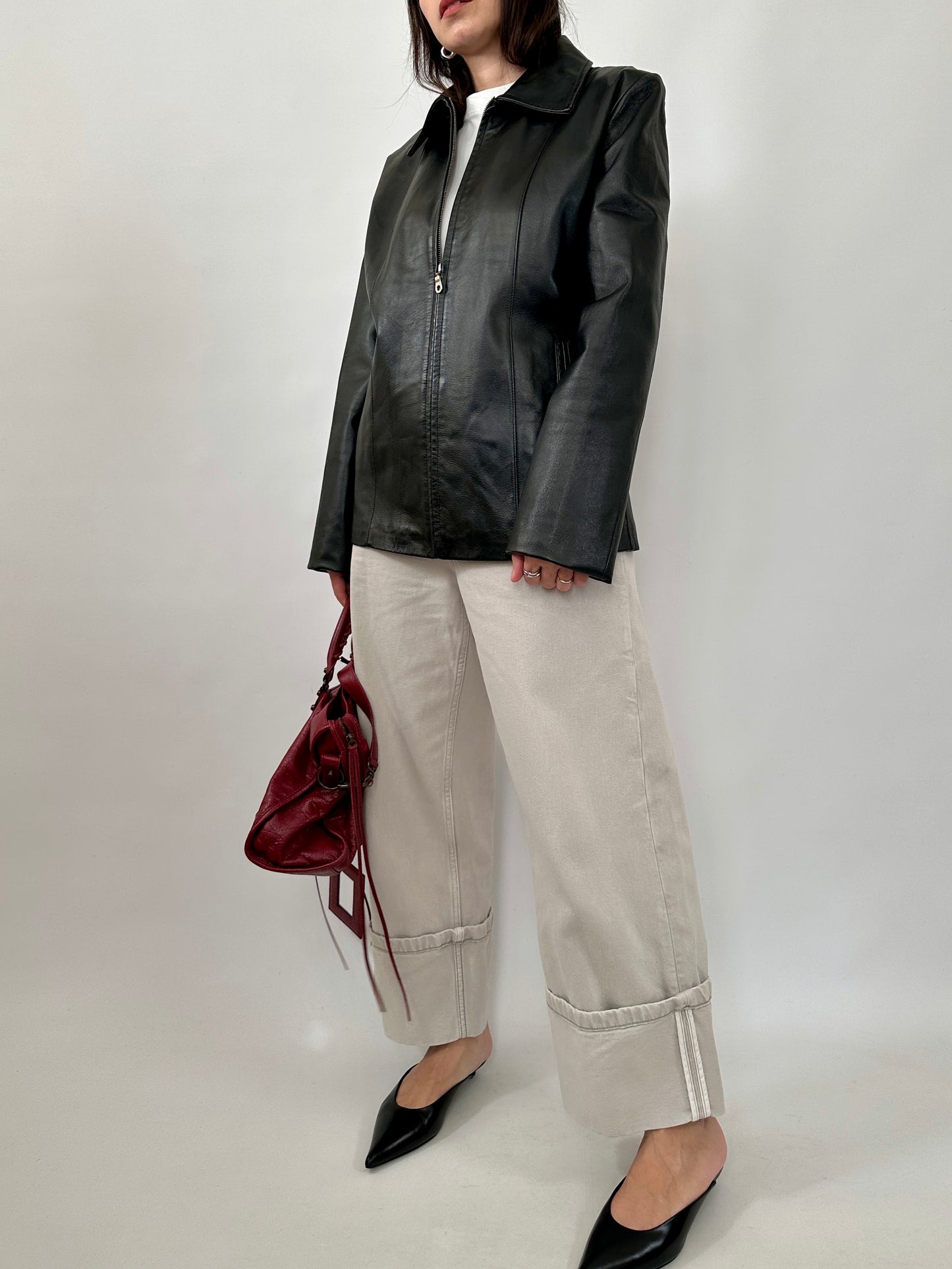 Minimal Black Leather Zip Jacket