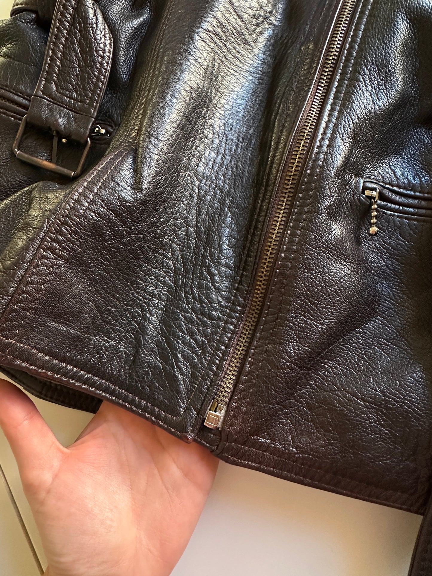 Vintage Dark Brown Leather Belted Jacket