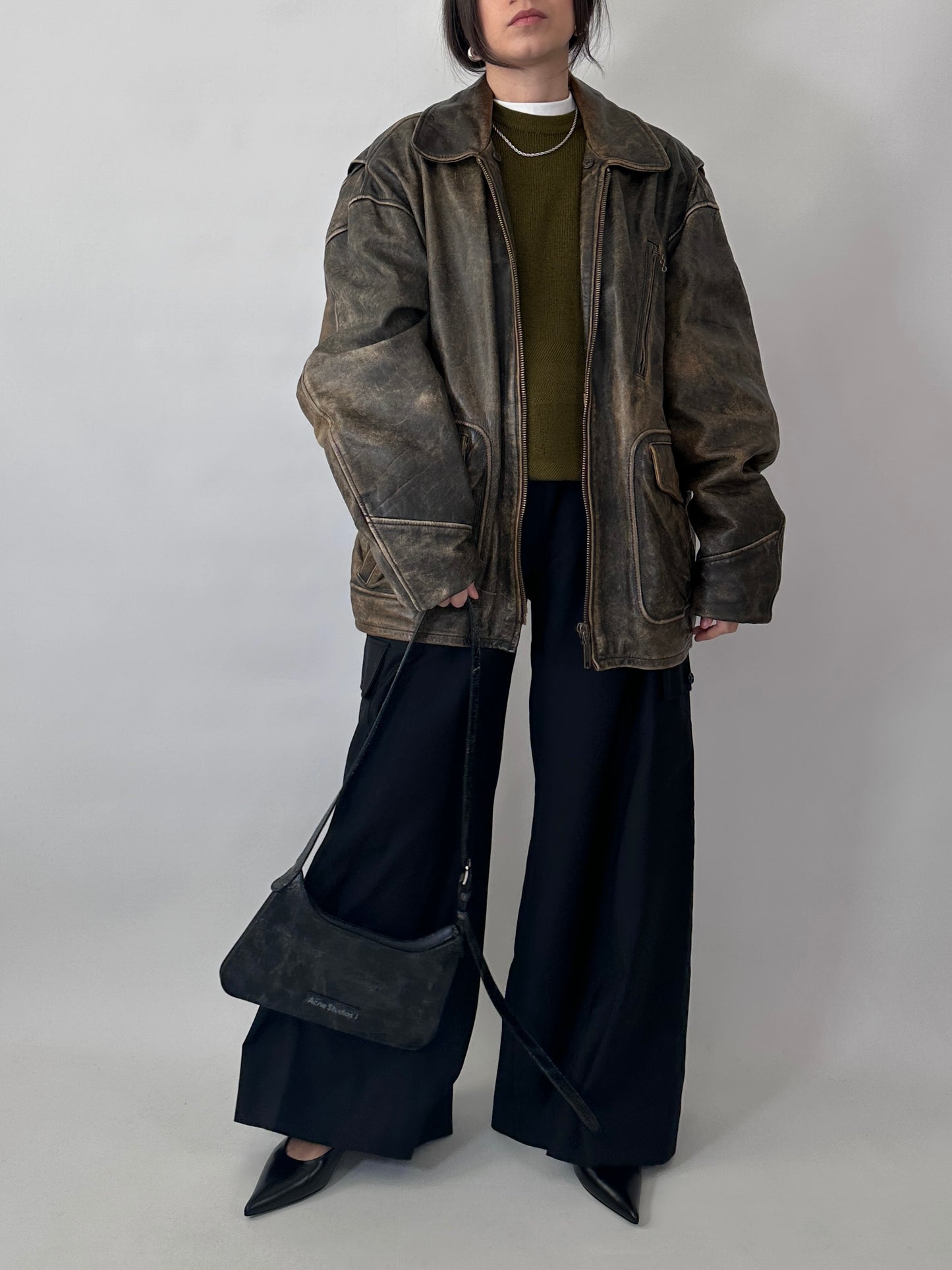 Oversized aviator jacket in distressed real leather