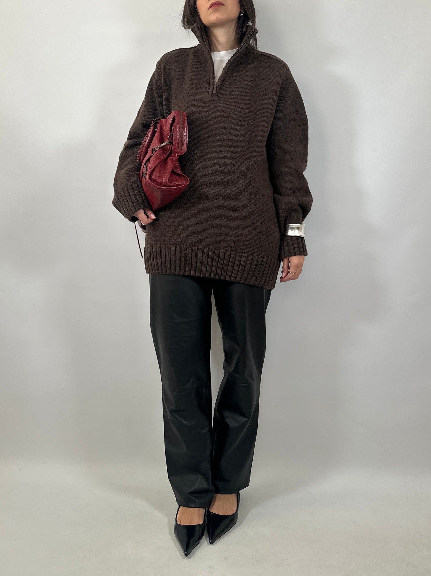 Brown Wool Half-Zip Sweater