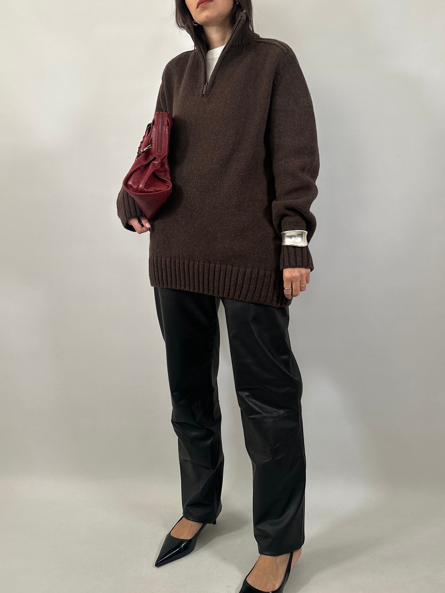 Brown Wool Half-Zip Sweater