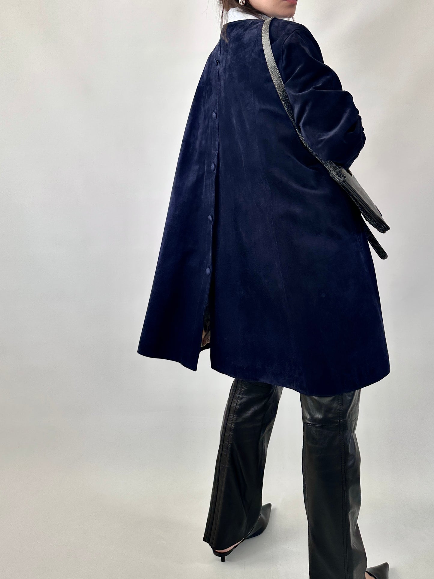 Vintage suede coat with back button detail