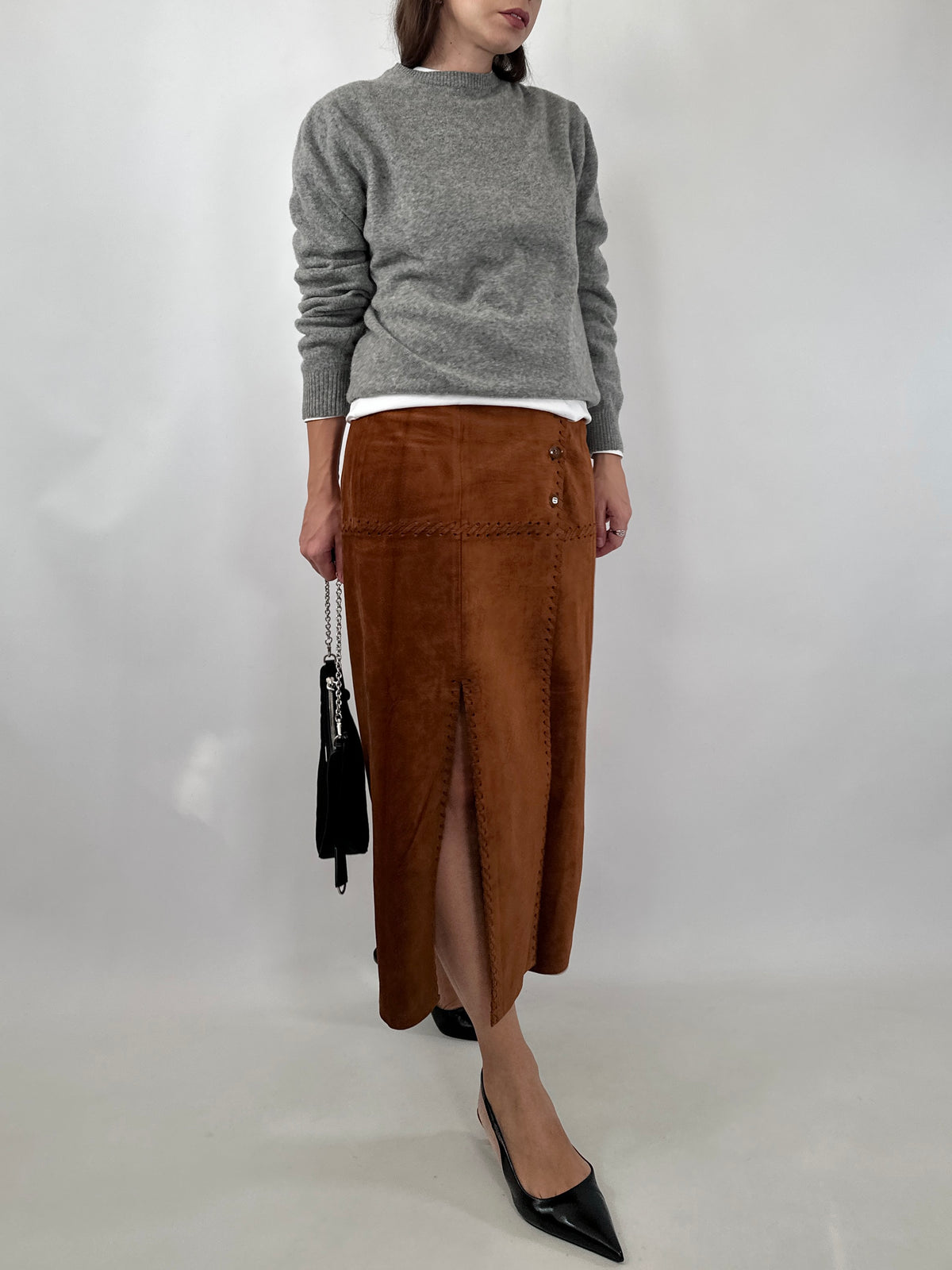 Suede Double Slit Midi Skirt