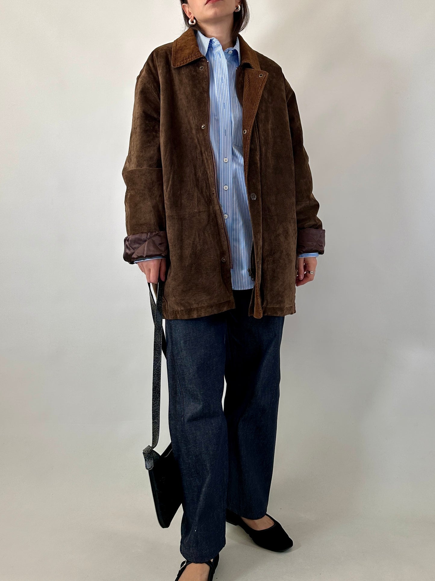 British-style suede jacket with corduroy collar