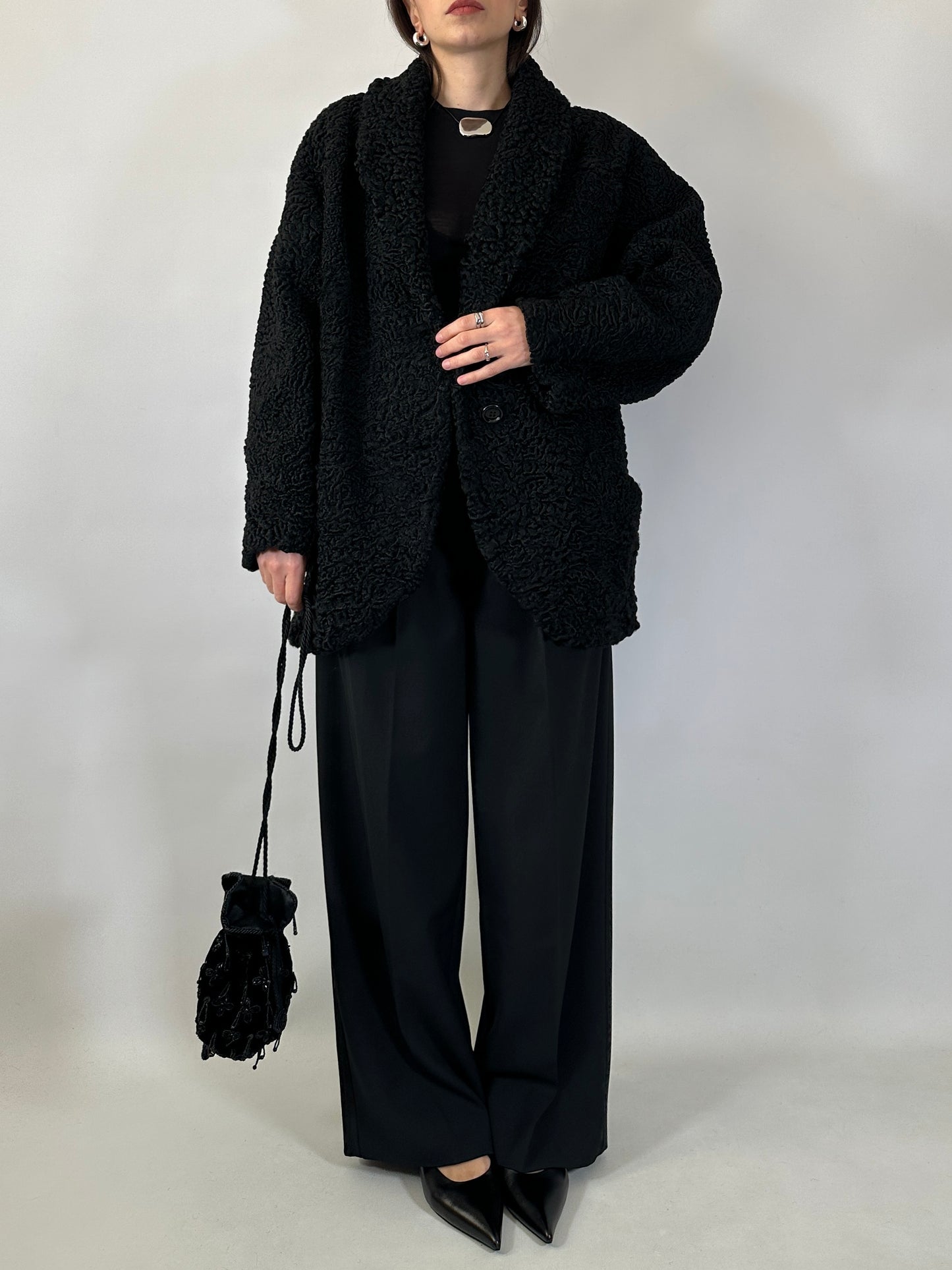 Vintage Black Astrakhan Caban Coat
