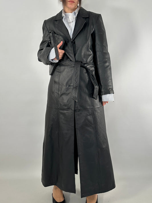 Extra-long real leather trench coat