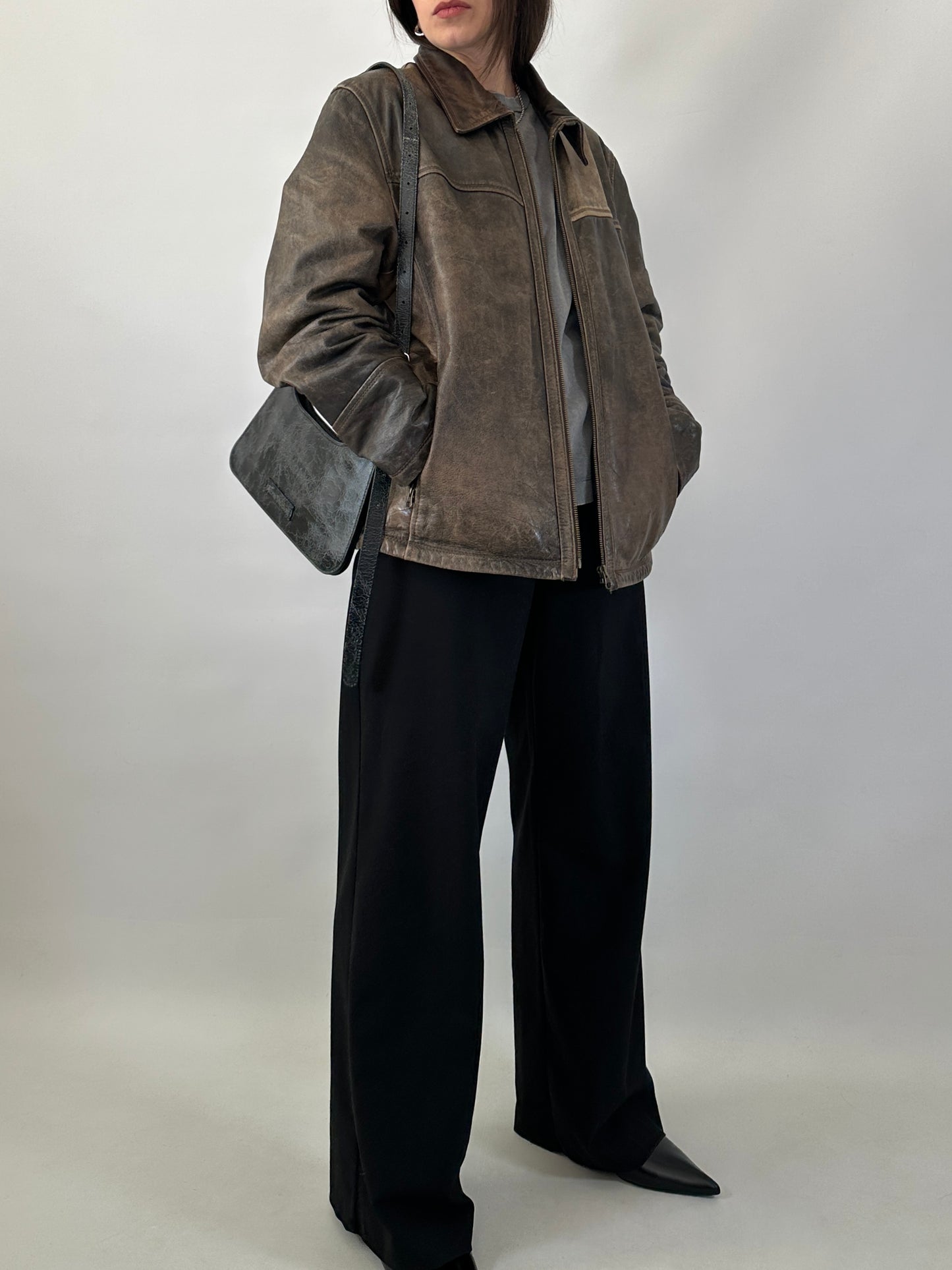 Distressed effect real leather jacket