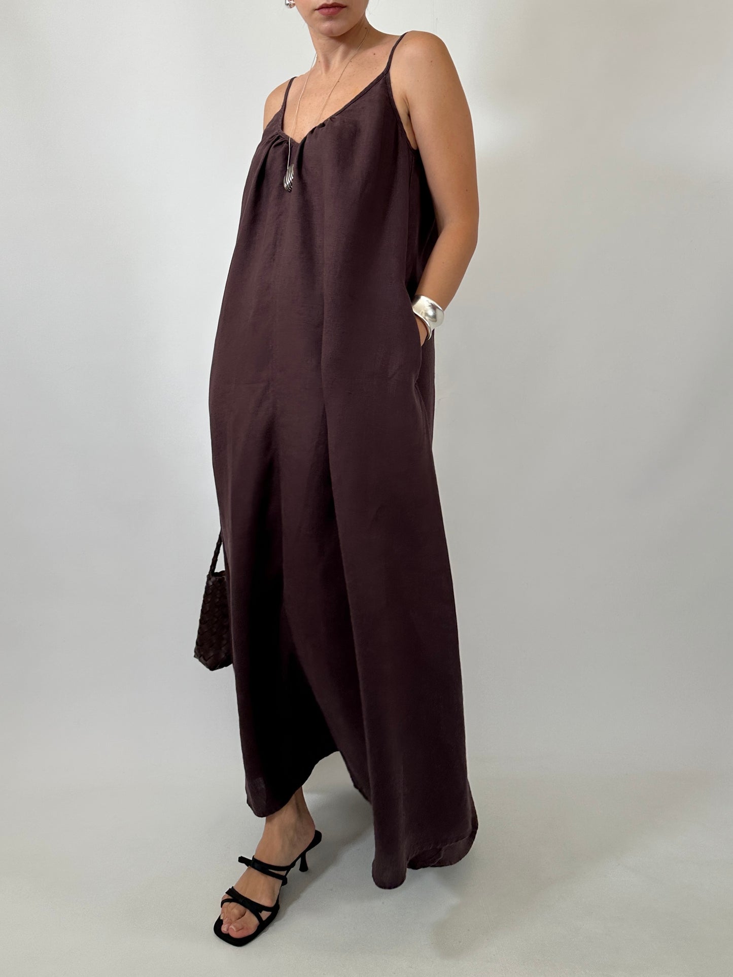 Chocolate Brown 100% Linen Maxi Dress