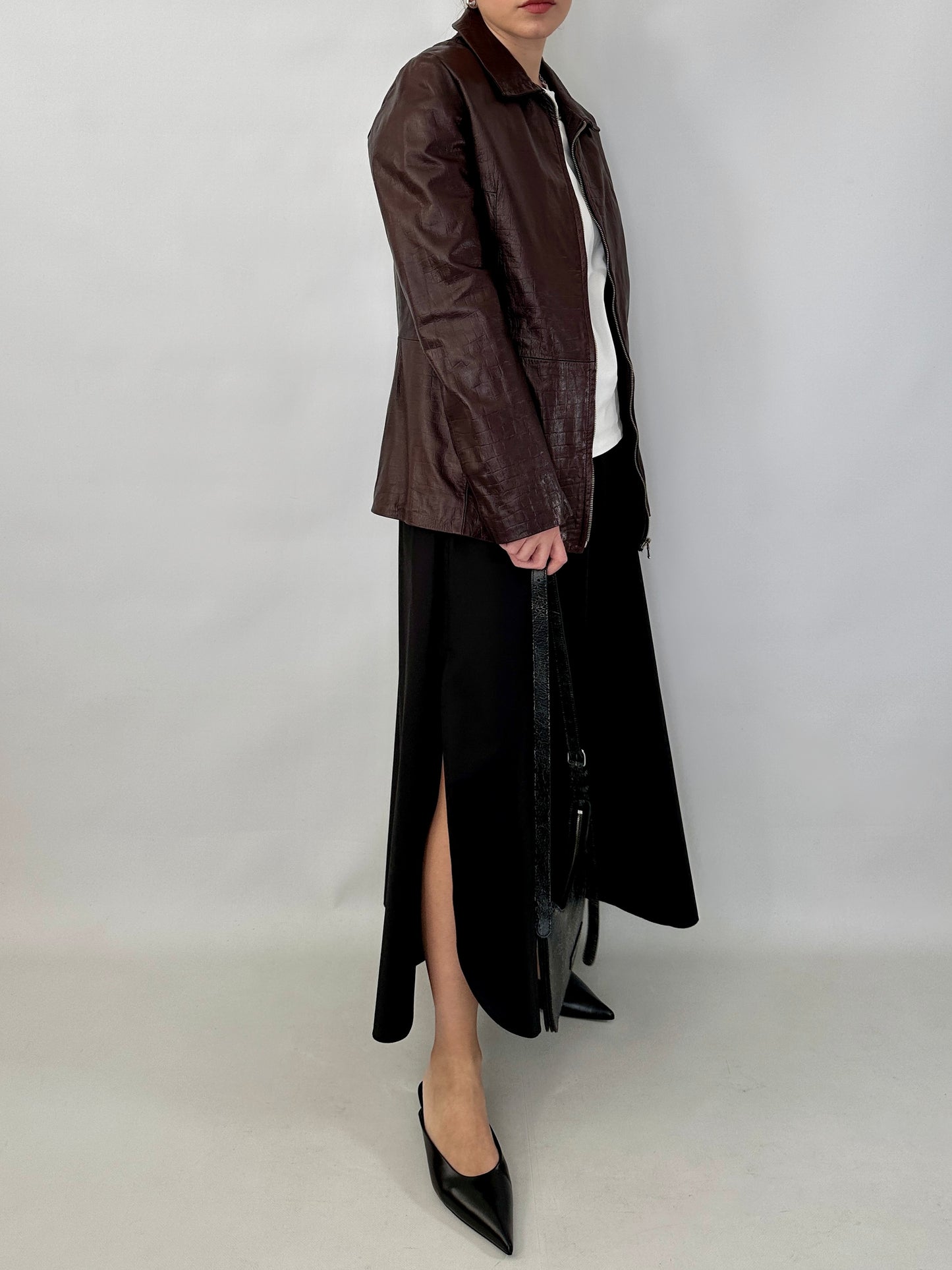 Brown croc-print genuine leather jacket