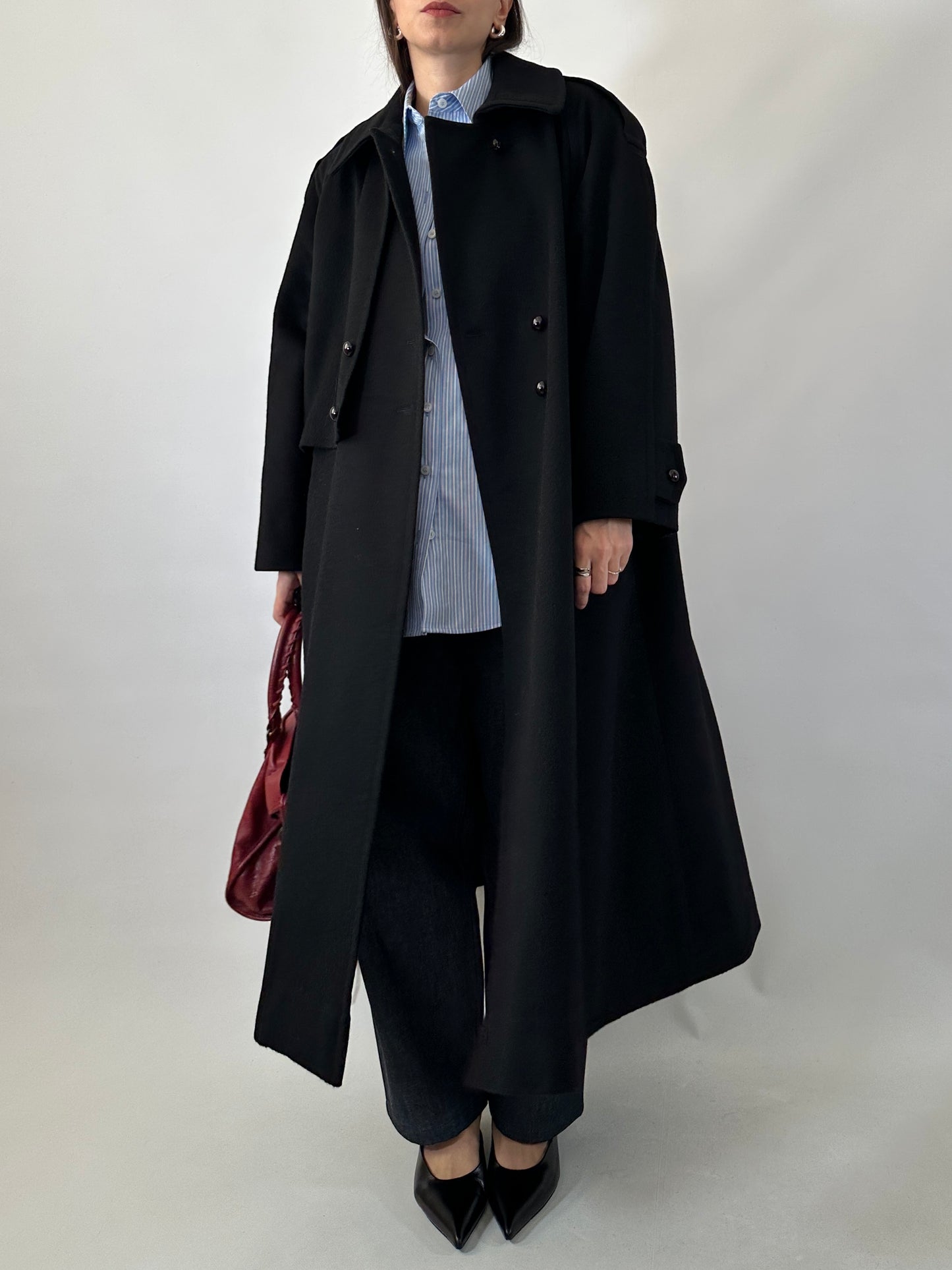 Vintage black wool coat with cape detail
