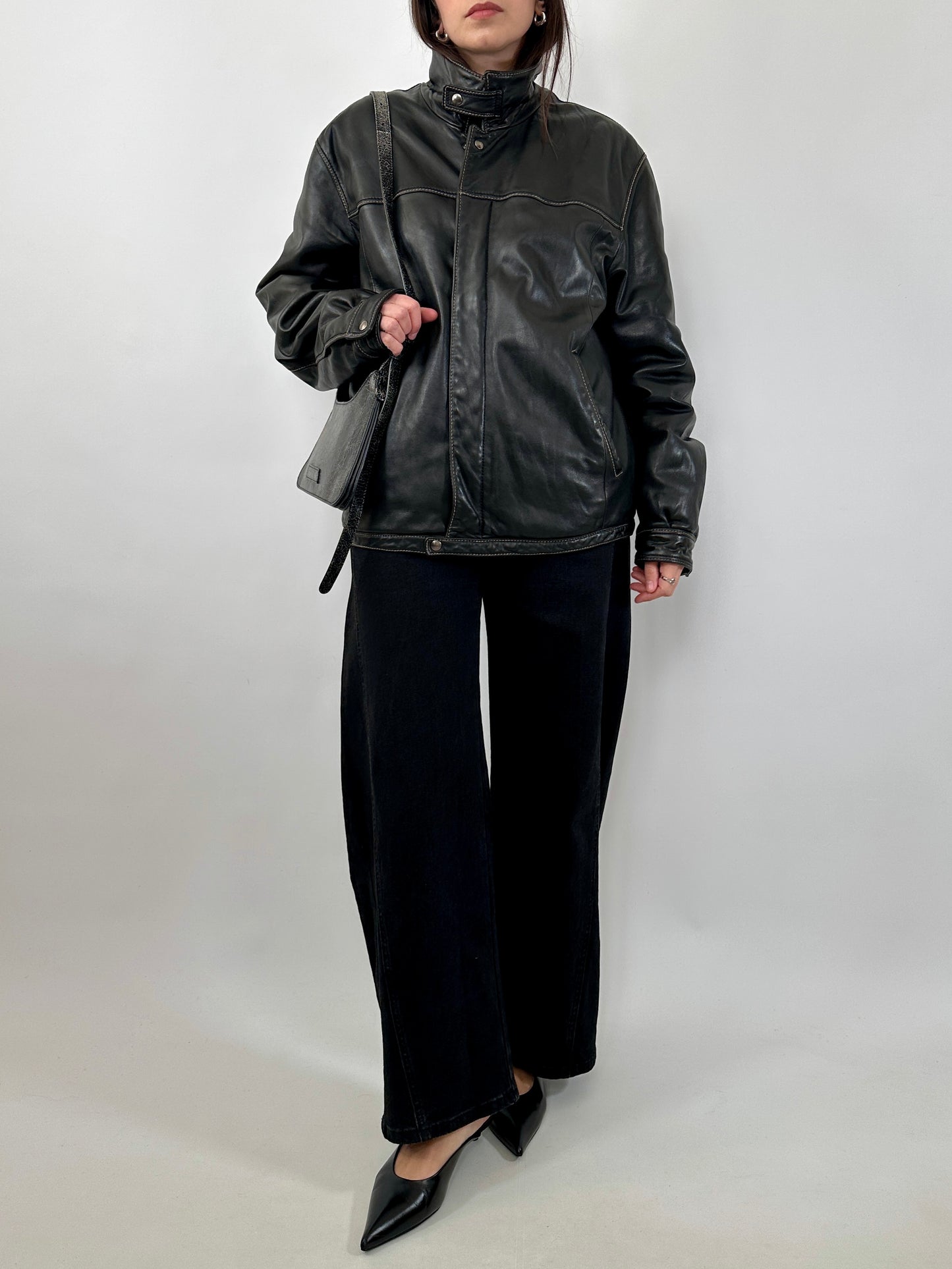 Vintage Leather Jacket with Stand Collar and Contrast Stitching