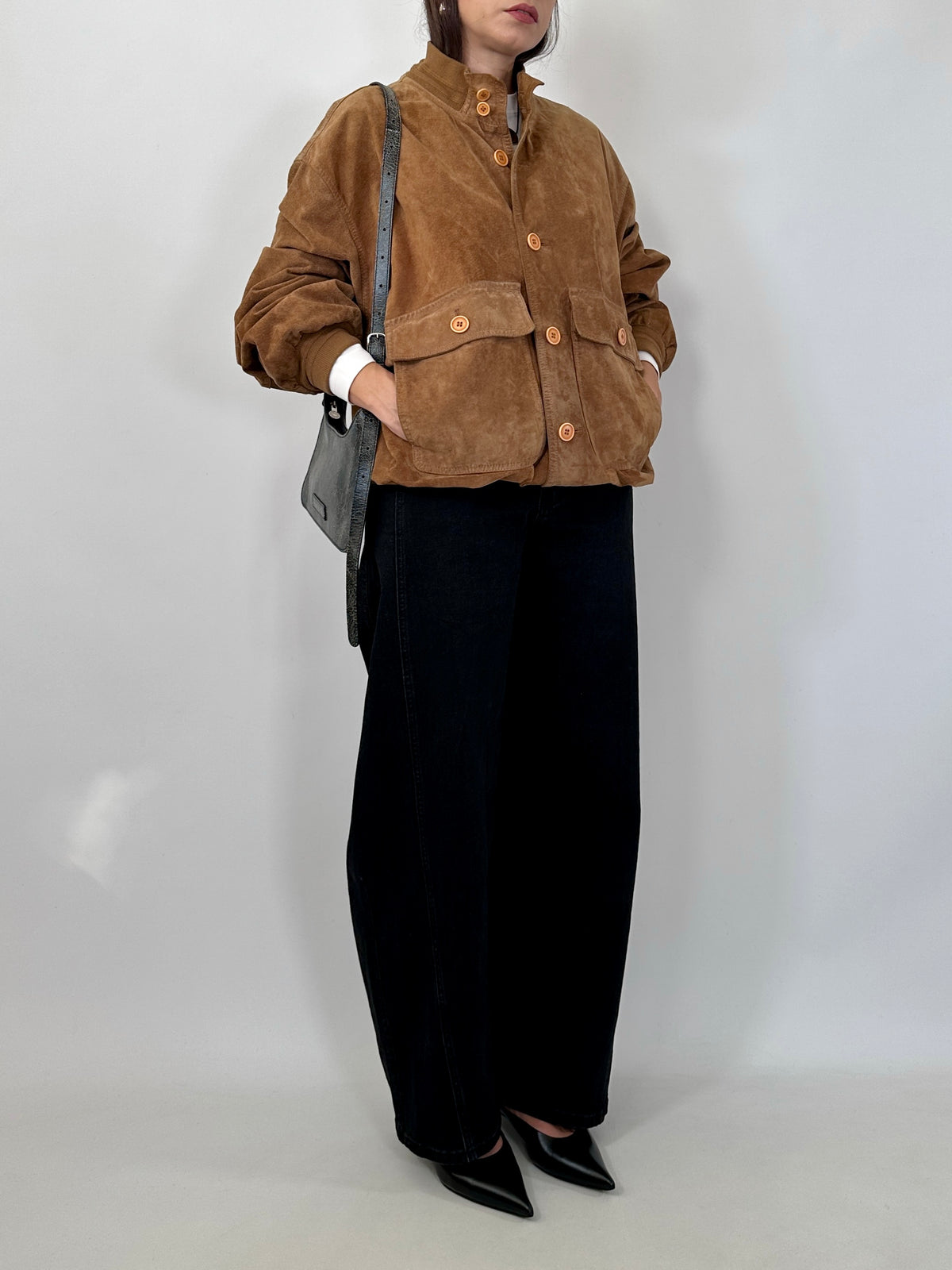 Cognac Suede Bomber Jacket