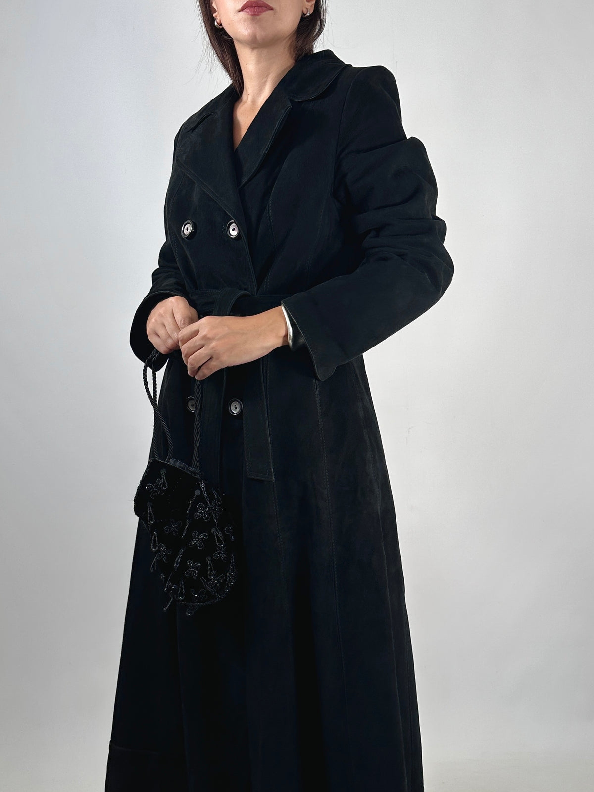 Suede Leather Belted Trench Coat