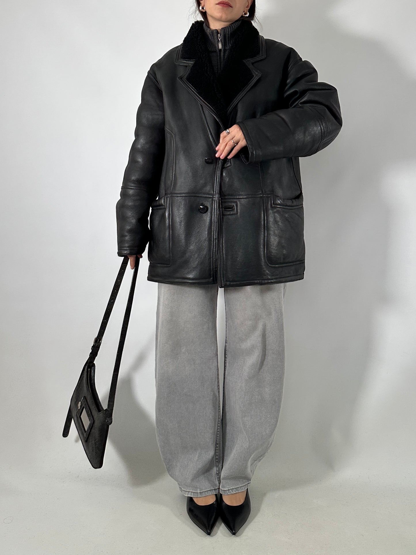 Vintage black shearling coat