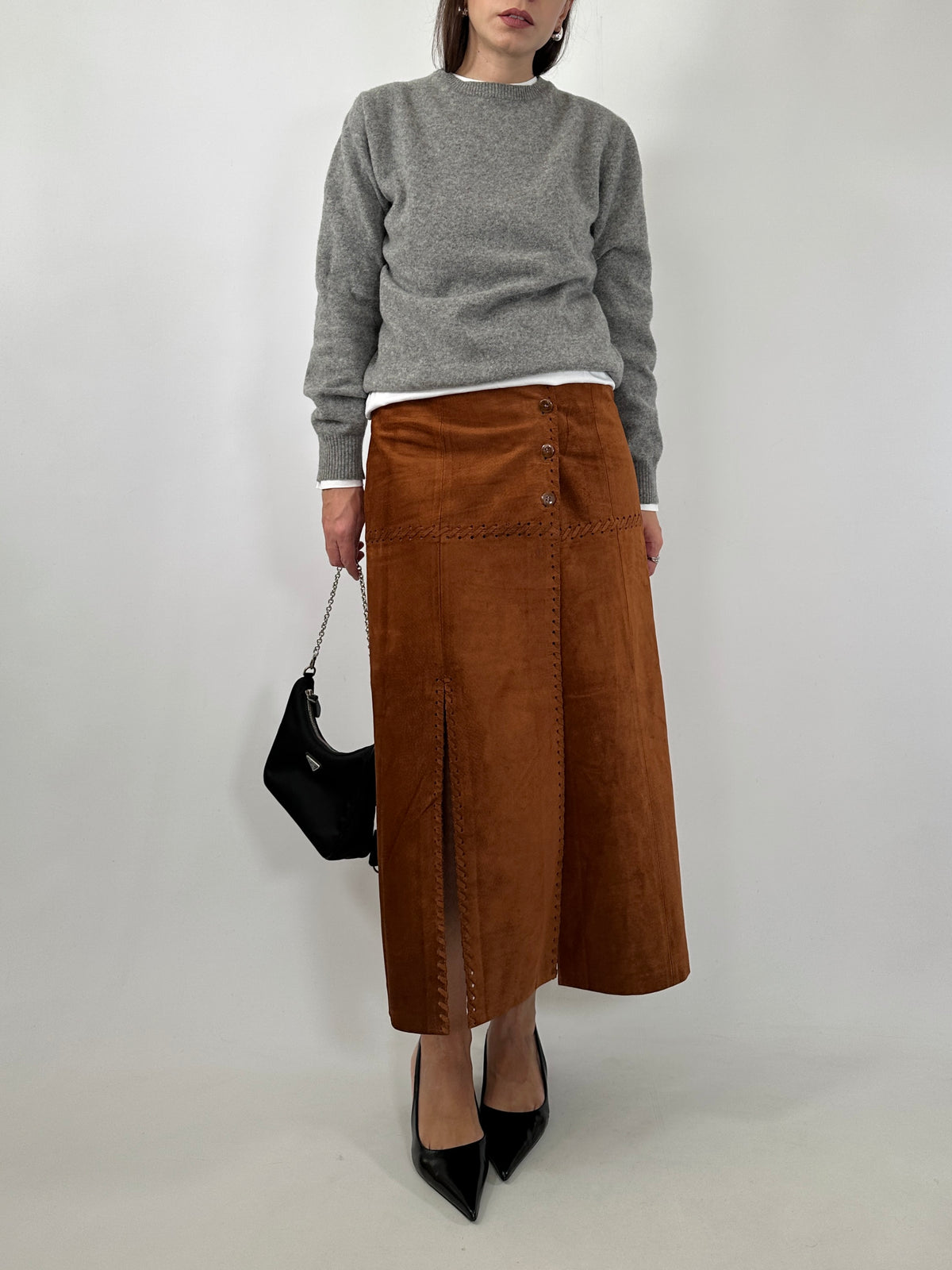 Suede Double Slit Midi Skirt